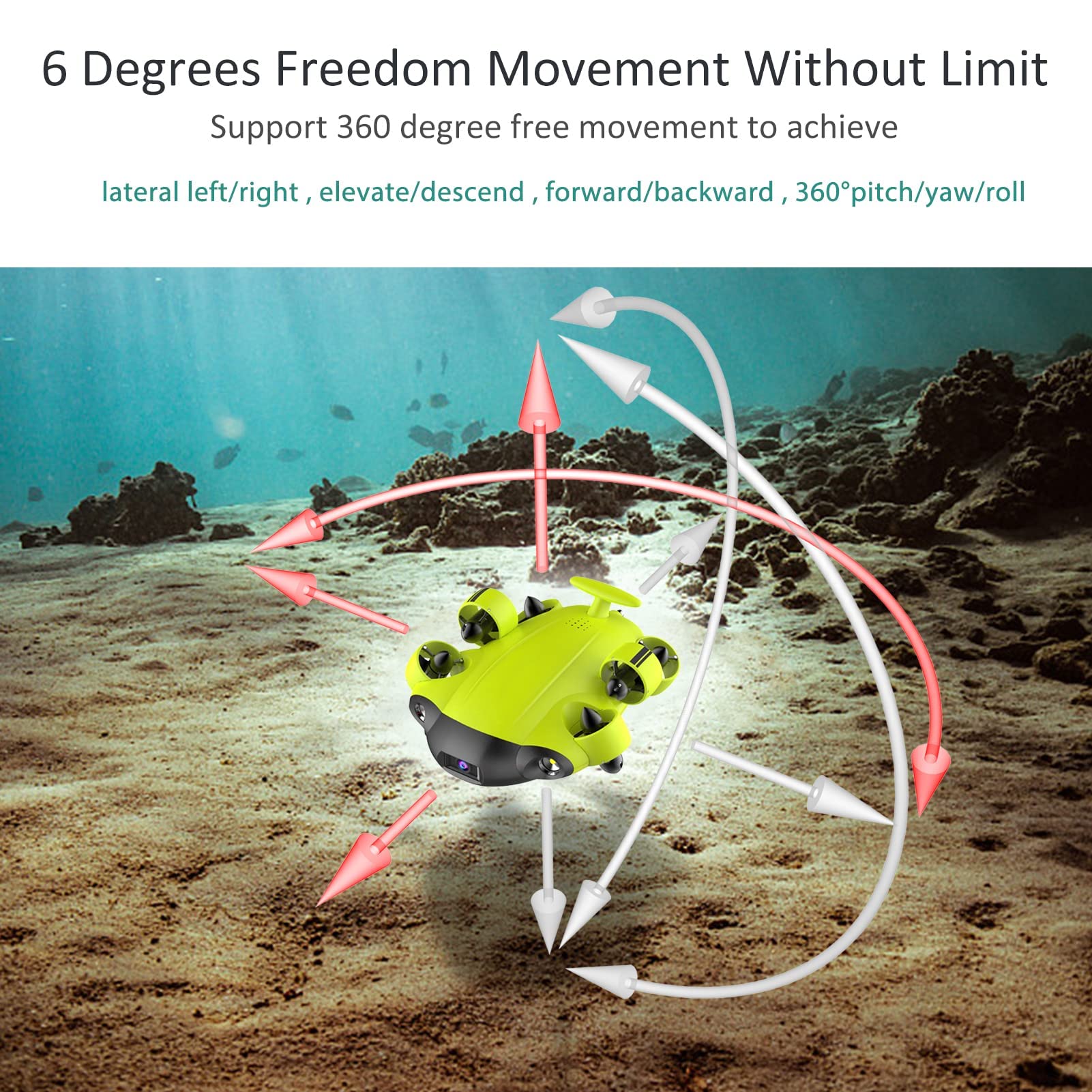 Drone subacqueo, Ecoscandaglio subacqueo subacqueo, Movimento omnidirezionale ROV Telecamera 4K UHD, Angolo ultra grandangolare, Blocco posturale, Cuffia VR Controllo in tempo reale, Rallentatore