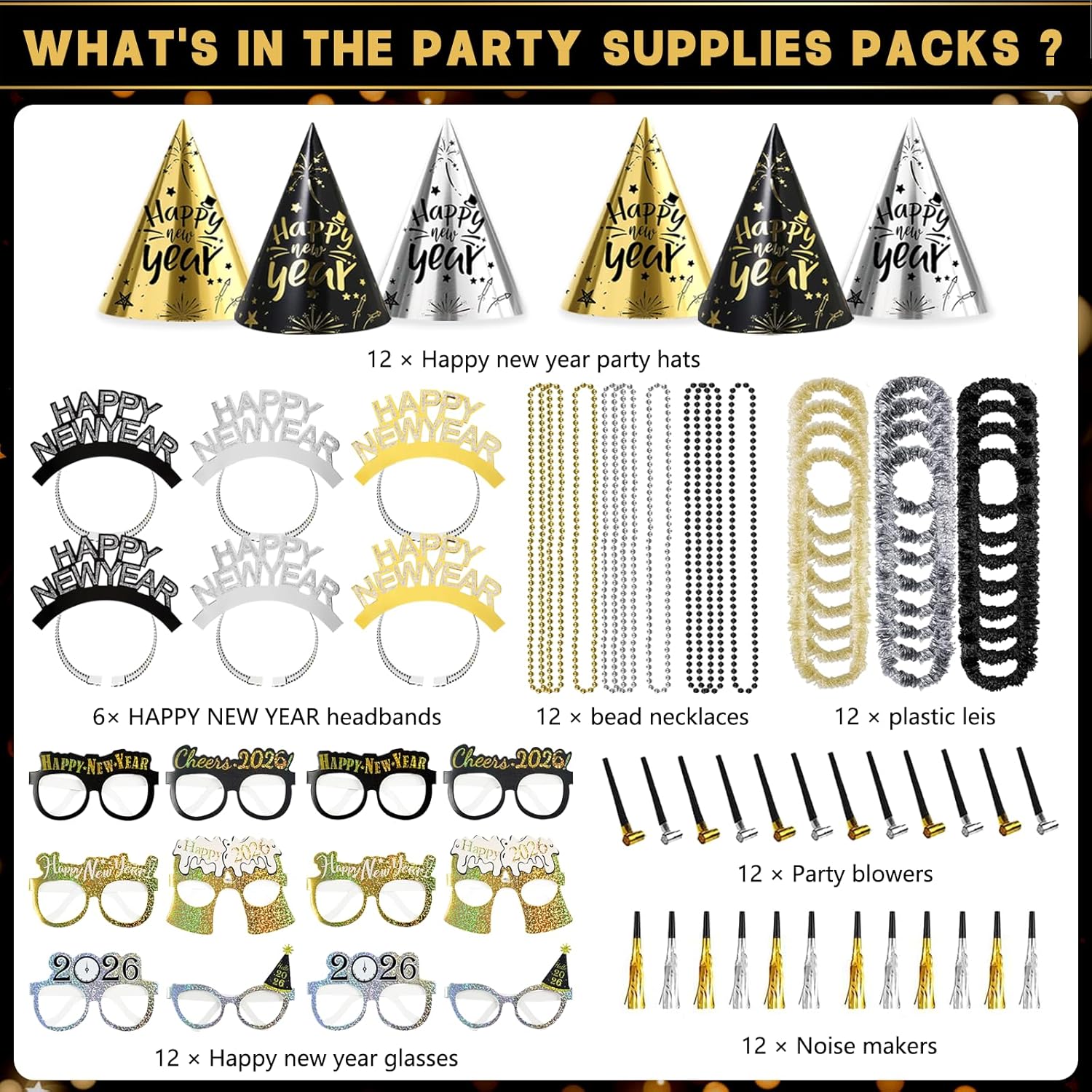 New Years Eve Party Supplies 2026 for 12 Guests,72pcs Happy New Year Party Accessories Kit Including Hats,headband,Glasses,Noise Makers,Necklaces,Leis, Black Gold Silver NYE Decoration Party Favors - Image 2