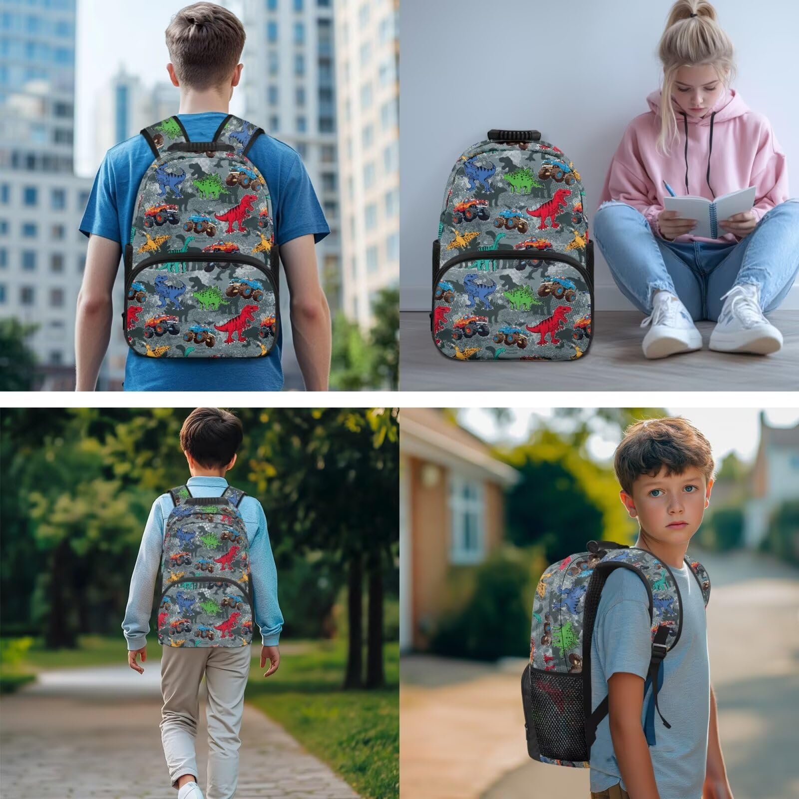 SEANATIVE Zestaw plecaków dla dzieci w wieku 9-12 lat, wodoodporna torba na książki z izolowaną torbą na lunch, zestaw 5 szt, Ciężarówka dinozaur, Plecaki tornistry