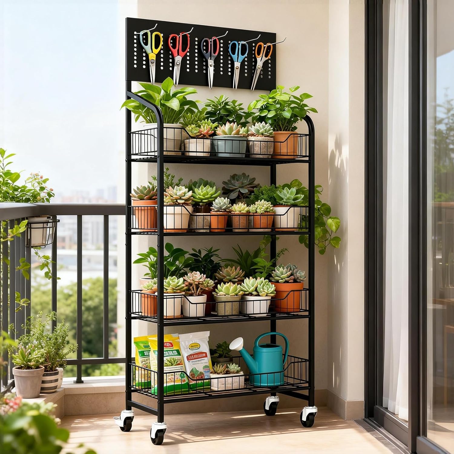 4 Tier Retail Display Rack with Wheels, Snack Organizer Stand, Candy Potato Chip Metal Retail Display Shelf with 12 Hooks for Supermarket and Home KitchenStore Organize, Black (4T 55H*23.8W*10.35D)