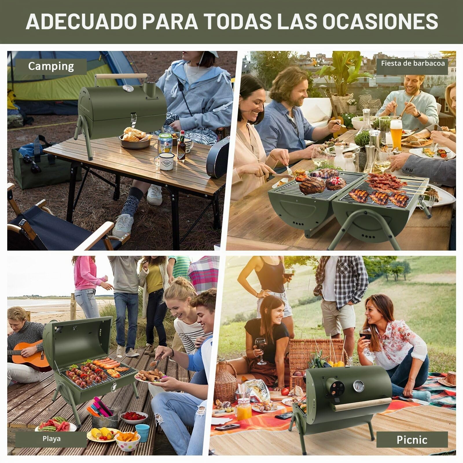 Barbacoa Carbón, Parrilla Portátil para Exterior, BBQ con Tapa, Ventilación Ajustable, Termómetro, para Acampada o Picnic, para Exterior, Terraza, verde