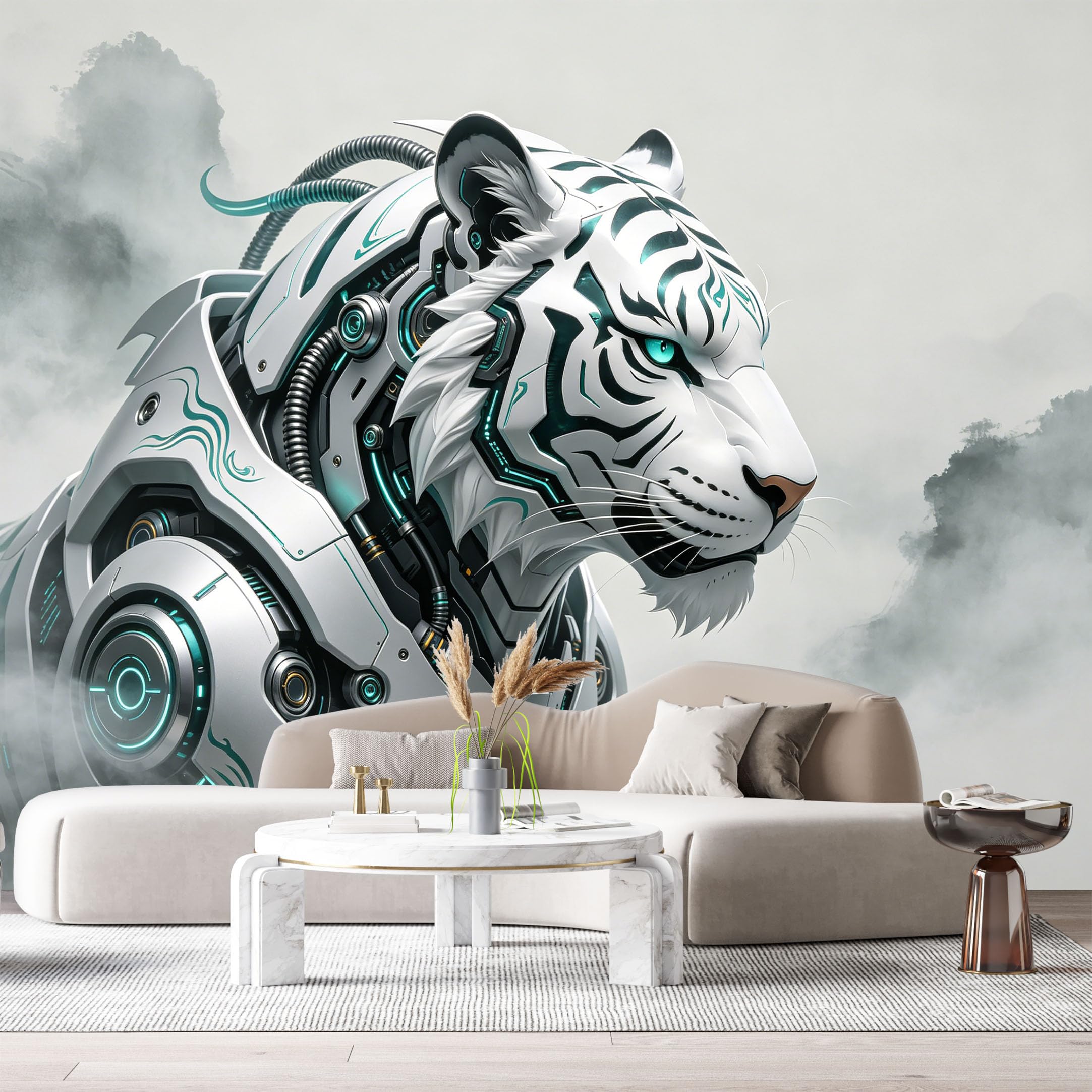 Custom Size Wall Mural Cyber White Tiger Mech Futuristic Mechanical Armor Science Fiction Style SelfAdhesive Art Prints Removable Large Wallpaper Esports Room Game Room Tenant Room Studio