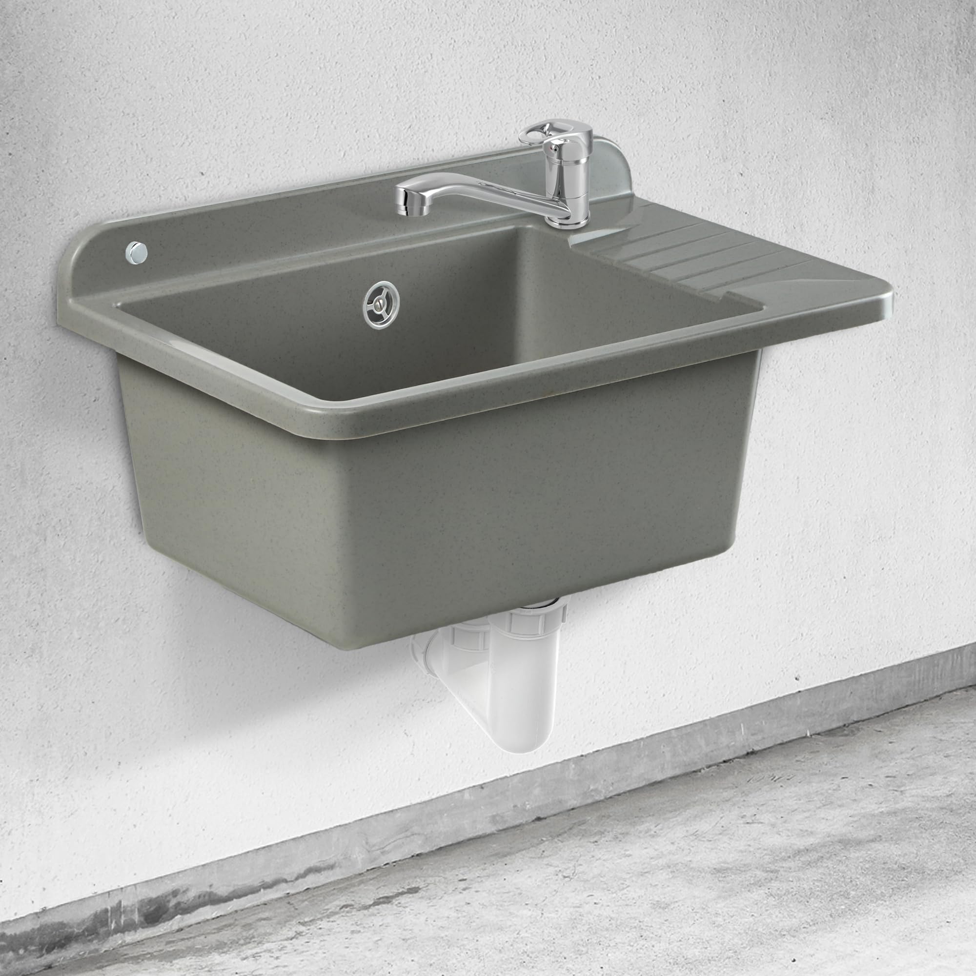 GOSPO Fregadero de polipropileno, 50,4 x 34 x 26,5 cm, fregadero con grifo, sifón y kit de montaje, lavabo, lavabo, lavabo, fregadero de cocina (gris)