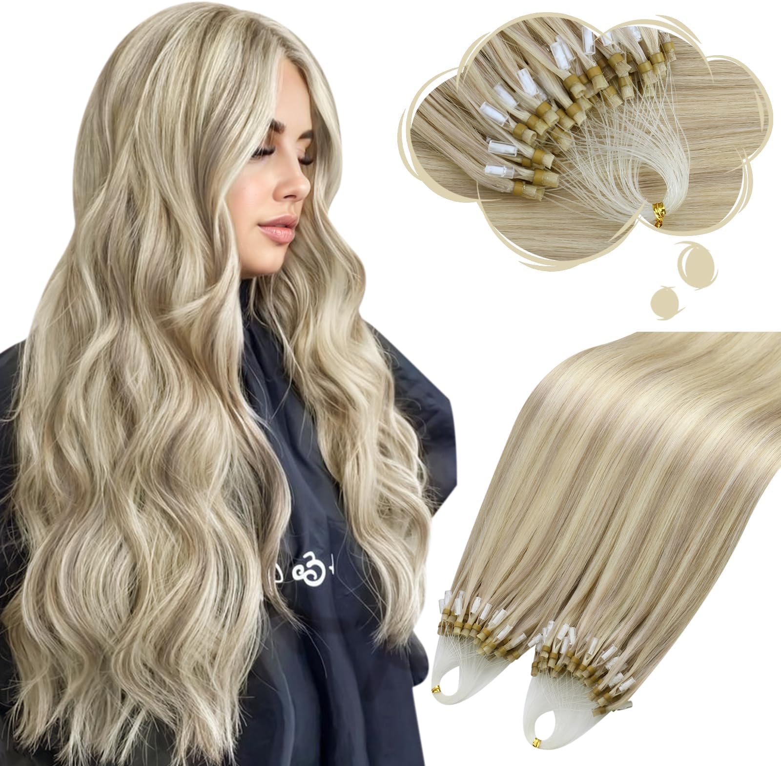 Moresoo Micro Bead Hair Extensions Remy Human Hair 24 Inch Micro Ring Hair Extensions Color #18 Ash Blonde Mixed with #613 Bleach Blonde Microlink Hair Extensions 50g/50s 1g/s