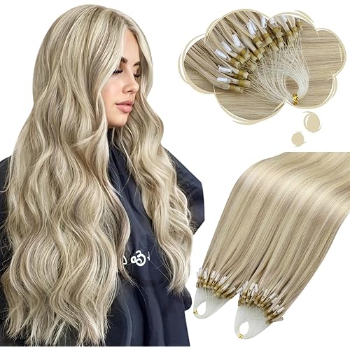 Moresoo Micro Beads Hair Extensions Real Human Hair Highlight Ash Blonde with Bleach Blonde Microlink Hair Extensions Long Straight 50G/50S 24 Inch