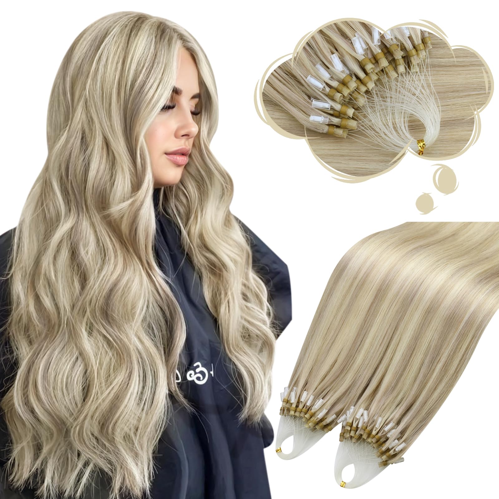 Moresoo Micro Loop Hair Extensions Real Human Hair Ash Blonde with Bleach Blonde Microbead Hair Extensions Human Hair Long Straight 50G/50S 20 Inch