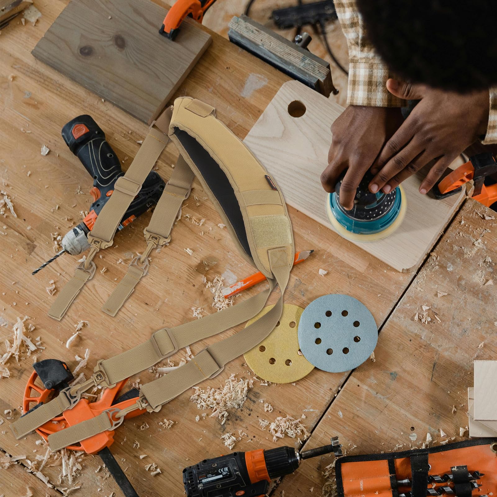 OUNONA Bretelle per Cintura Porta Attrezzi in Nailon Color Kaki con Eccezionale Durata e Cinghie Regolabili al Petto per Falegnami ed Elettricisti in Ambienti di Lavoro Professionali