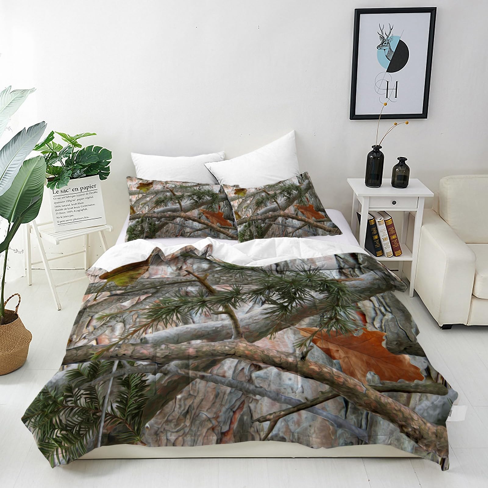 ANHOPE Camouflage Duvet Cover Set 3 Piece Bedding Set with 2 Pillowcases Camo Forest Tree Branch Leaf 3D Printed Pattern Soft Breathable Microfibre Quilt Cover with Zipper Closure King