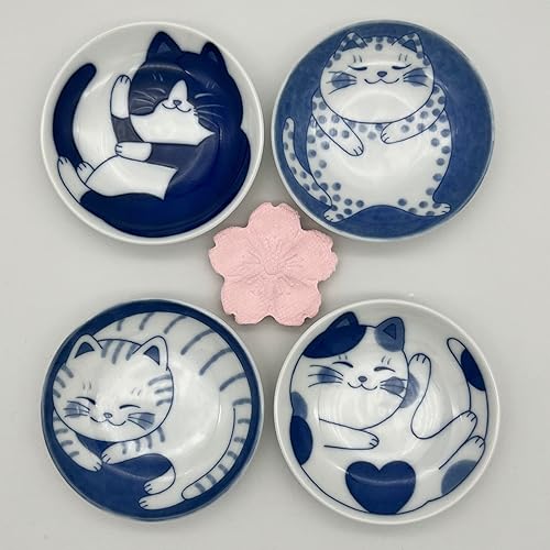 YUMERIA Juego de toallas Sakura de cerámica japonesa, hechas en Japón, bonito diseño de gato, porcelana, aperitivo, postre, sushi, salsa, artículos