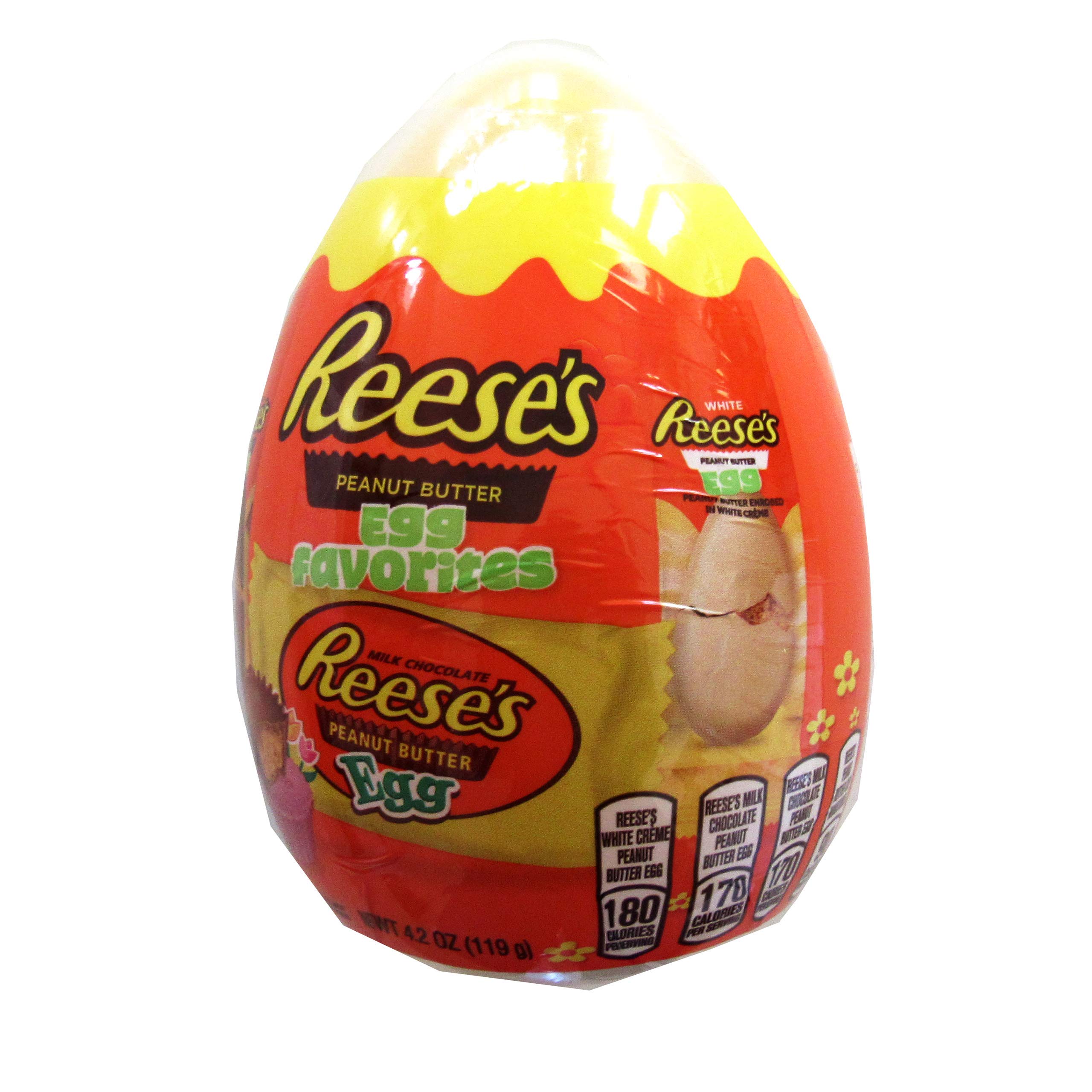 Hershey (1 Egg) Easter Reese's Peanut Butter Egg Favorites & Plastic Egg Shell Case - Milk Chocolate Peanut Butter Eggs, Mini Chocolate Peanut Butter Cups, Peanut Butter White Creme - 4.2 oz / 119 g
