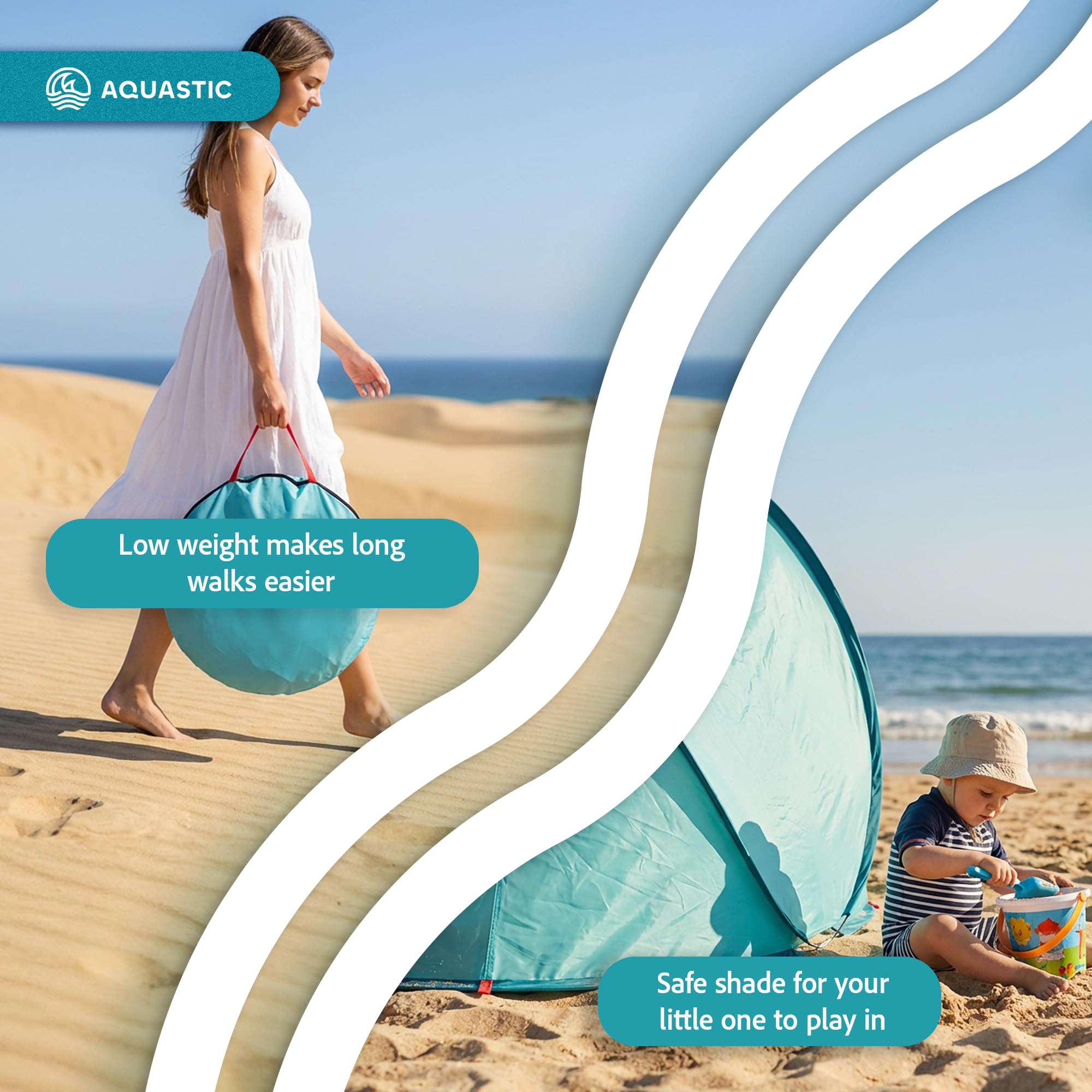 AQUASTIC Qsand Beach Tent | automatyczne rozkładanie w 3 sekundy | ochrona przed promieniowaniem UV 50+ | wodoszczelny 1000 mm | ultralekki (1 kg) i kompaktowy (70 cm) | z zamykanym wejściem | idealny