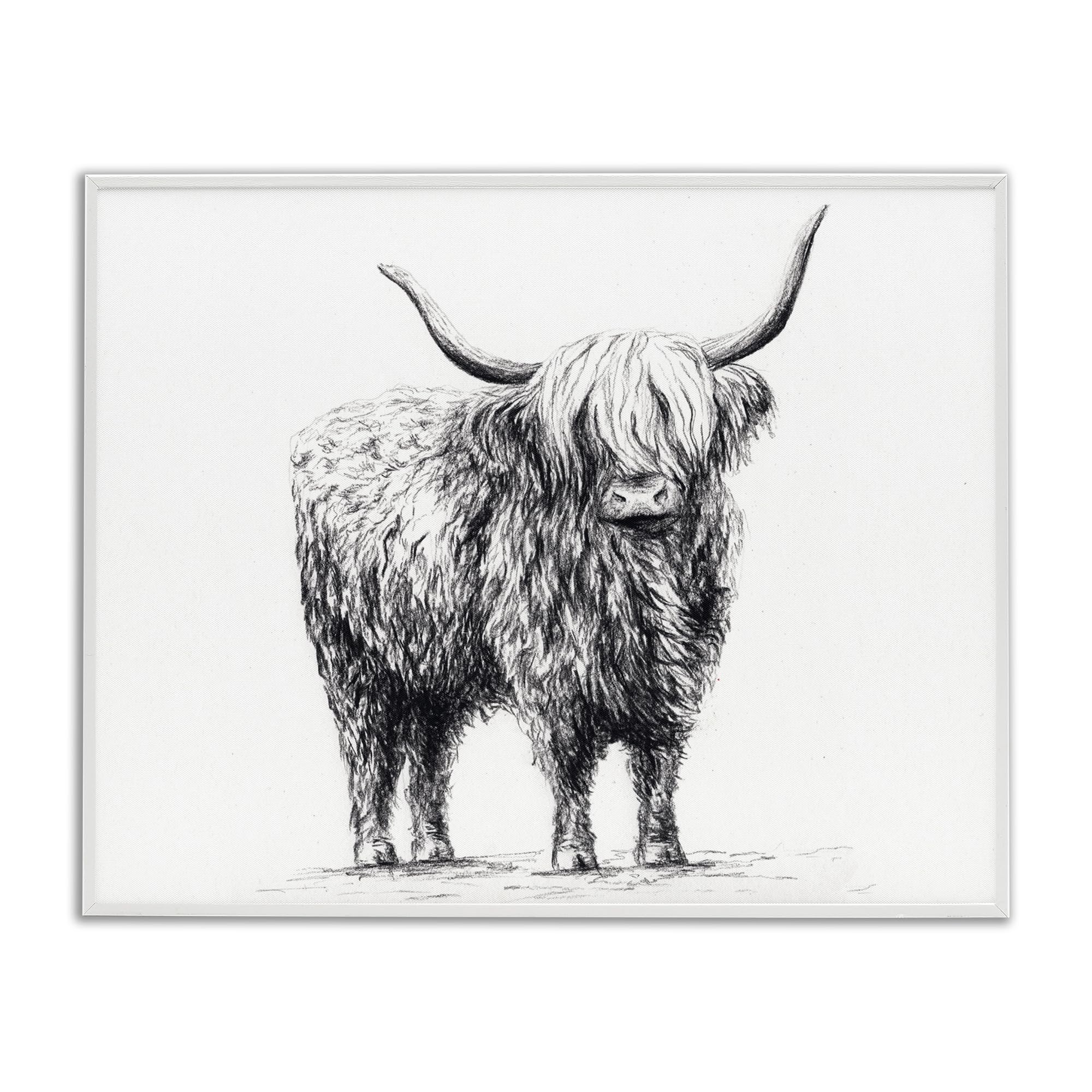 Stupell Industries 'Highland Cow in Charcoal', Framed Giclee Art, White, 20 x 16 Inches, Easy to Hang and Sturdy, Made in USA, by Leah Noel Art