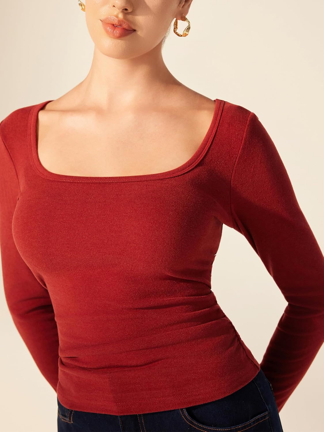 CIDER Long Sleeve Tops for Women Thermal Shirts Square Neck Ruched Basic Fall Top Slim Fitted Casual Tee Shirt - Image 4