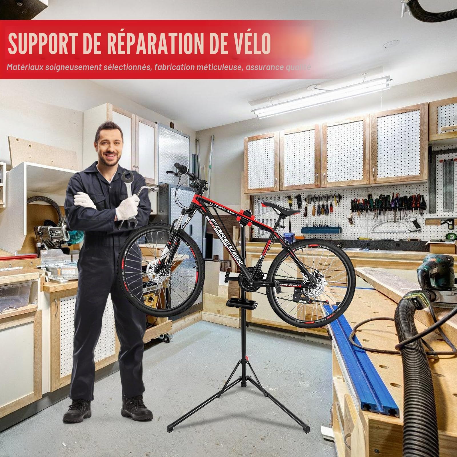 Support de Réparation Vélo 50 kg Pliable – Pied d’Atelier en Acier, Pince Rotative 360°, Hauteur Réglable 94–157 cm, Plateau Magnétique & Gants Inclus – Idéal pour VTT, Vélo de Route & E-Bike