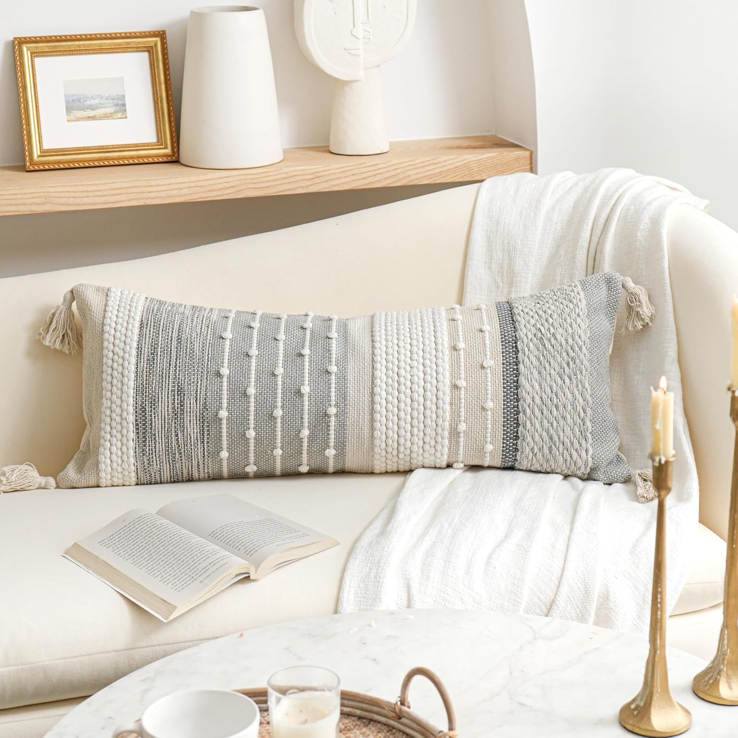 BlissBlush Gray Boho Lumbar Throw Pillow Cover 14x36 Grey Accent Long Body Lumbar Pillow for Bed Decorative Modern Bohemian Woven Textured Lumbar Pillow for Bed Cover ONLY - Image 5