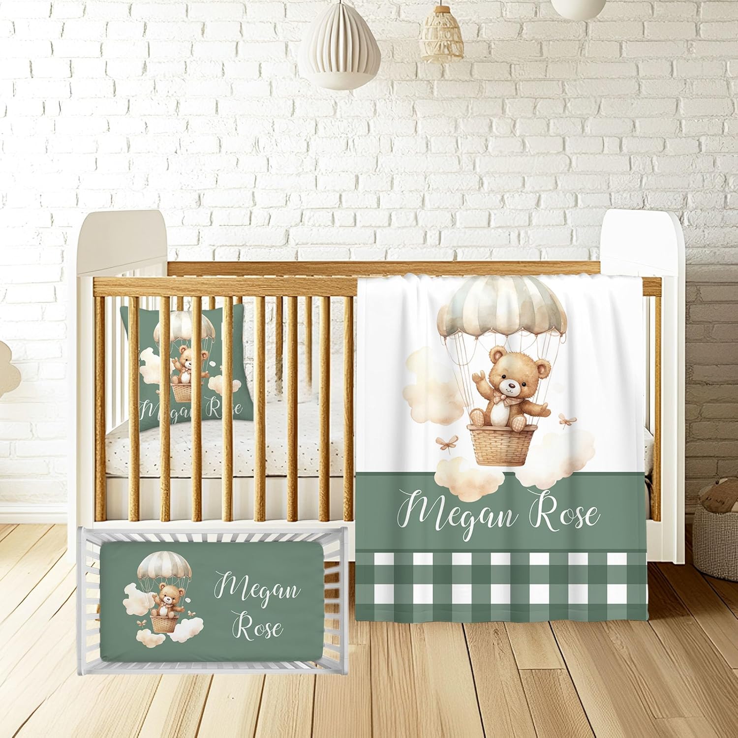 Personalized Flying Bear Baby Crib Bedding Set – Custom Name 3-Piece Nursery Set for Boys and Girls, Soft Flannel Blanket, Fitted Crib Sheet & Pillowcase – Infant Toddler Bedding Gift