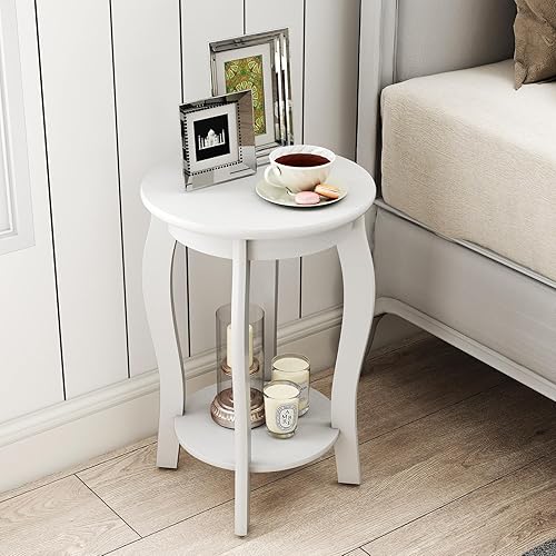 Miniatura 16 de GOFLAME Juego de 2 mesas auxiliares redondas de 2 niveles, mesa auxiliar moderna de mediados de siglo con estante de almacenamiento, patas de madera