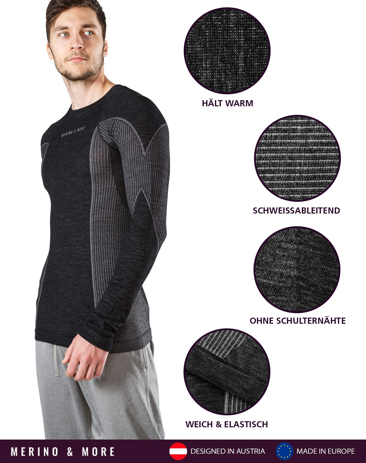 Merino & More Merino Shirt Herren Langarm - Funktionsunterwäsche Merinowolle T-Shirt lang, Schwarz-grau