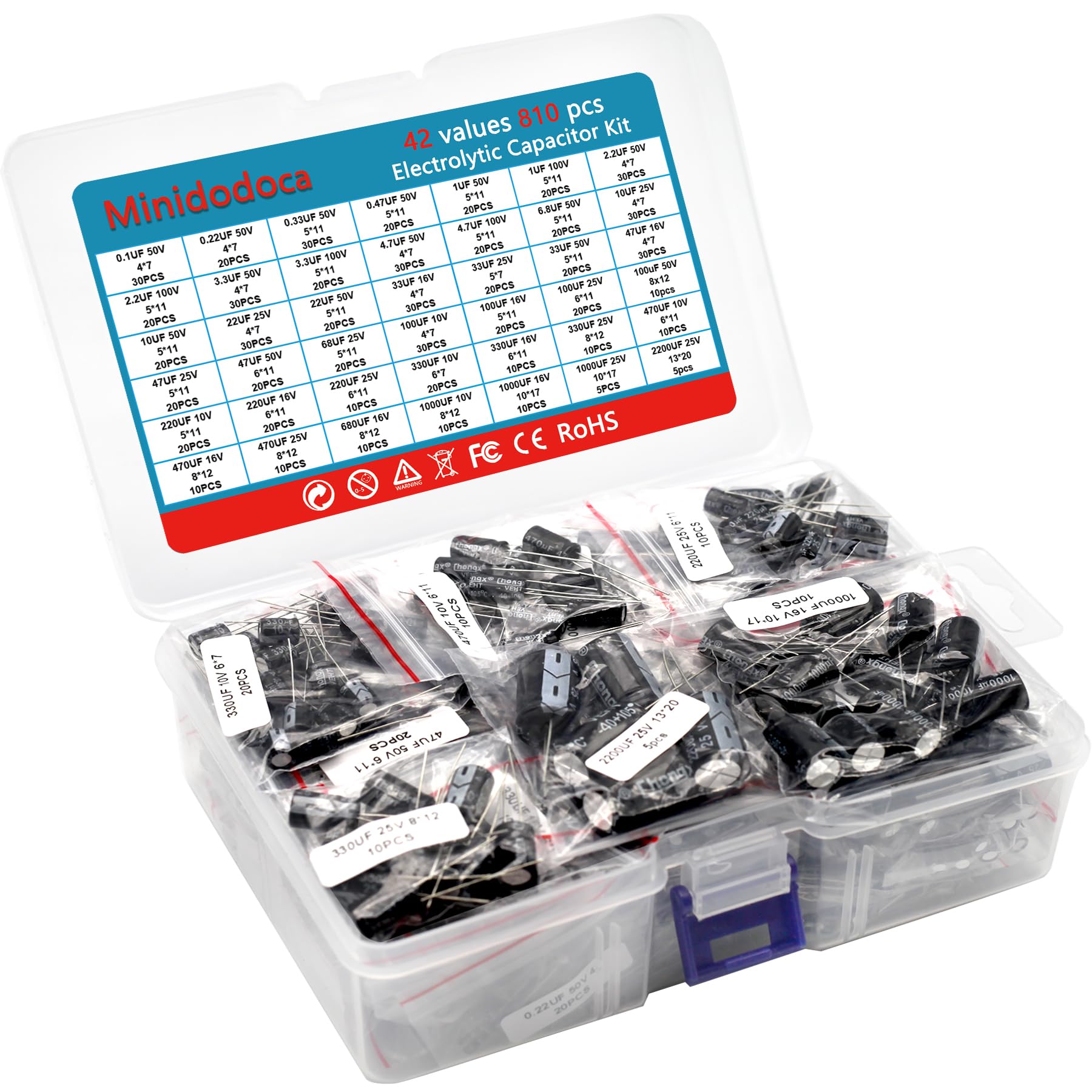 Minidodoca 42 Values 810 Pieces, 0.1uF-2200uF, 10V 16V 25V 50V 100V, Electrolytic Capacitor Assortment Kit, DIY in-line Aluminum Capacitors Set,