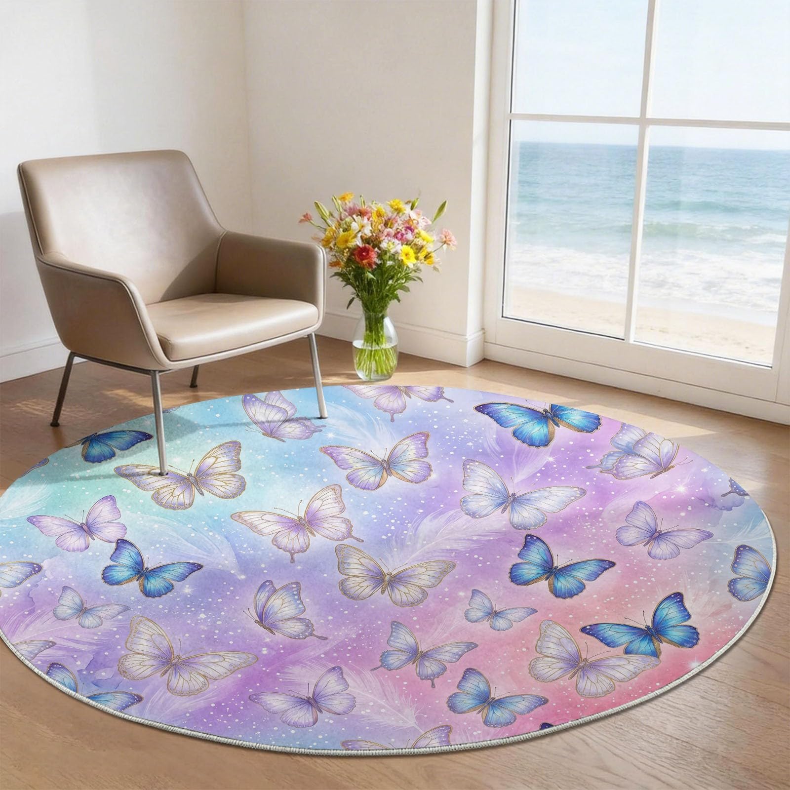 Tappeto rotondo per soggiorno, 120 cm, blu, rosa, morbido, antiscivolo, lavabile, con farfalle in stile moderno, adatto per bambini e animali domestici, per camera da letto, stanza dei giochi