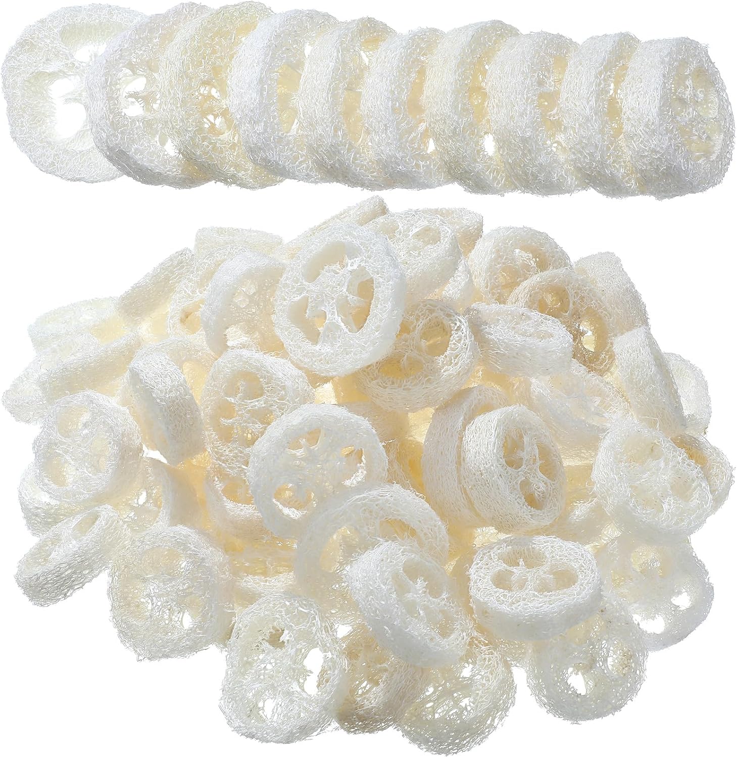 Bokon 120 Pcs Natural Loofah Slices for Soap Making Bulk Reusable Natural Loofah Sponge Organic Exfoliating Bath Shower Luffa Small Scrubber, Bright White