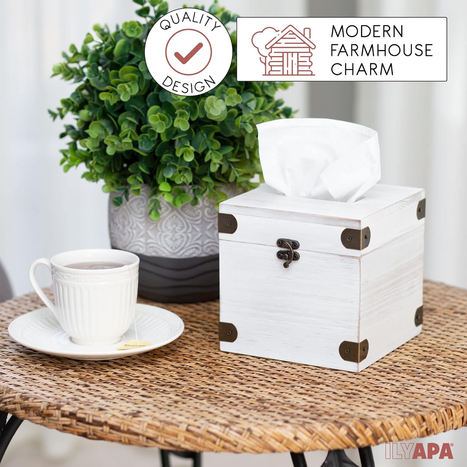 Ilyapa 5 x 6 Rustic Tissue Box Holder - Hinged Lid Tissue Dispenser for Bathroom Living Room Bedroom - White Weathered Wood
