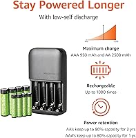 Vista 2 de Yaxa Basics NiMh Baterías recargables (4 AA y 4 AAA) con cargador de batería de 4 bahías, enchufe tipo A (americano), negro, 8