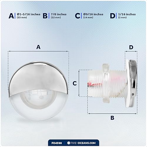 Miniatura 7 de Five Oceans Luces LED de cortesía para barco, 1-516 pulgadas, redonda, media cubierta de acero inoxidable 316, impermeable IP68, blanco frío, 12 V,