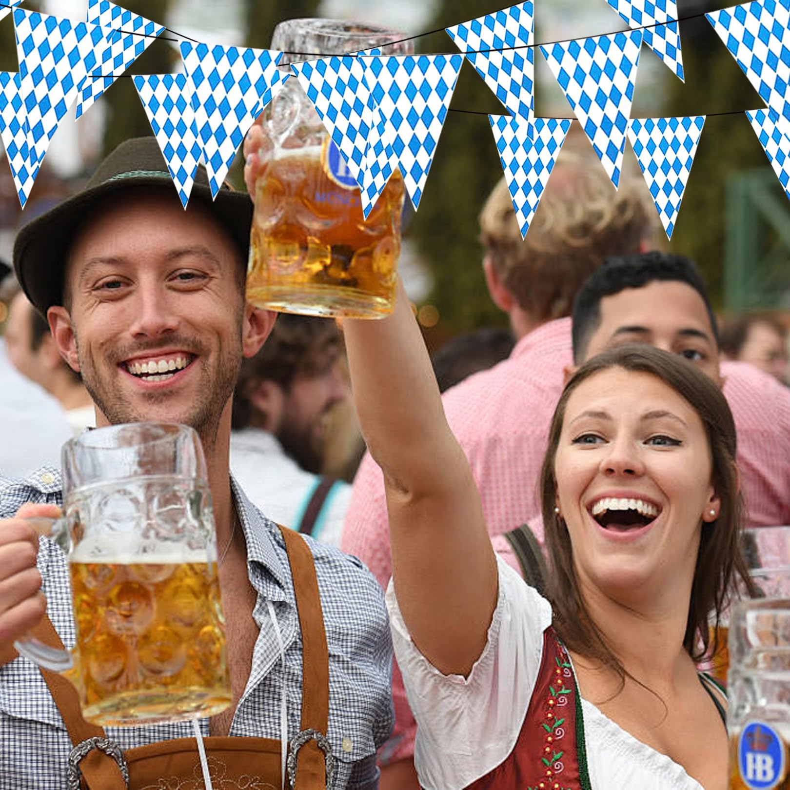 Guirlande Fanions Oktoberfest - 20 Mètres - 36 Drapeaux Triangles Bleu Et Blanc - Tissu Résistant - Pour Décoration Fête De La Bière, Jardin, Mariage