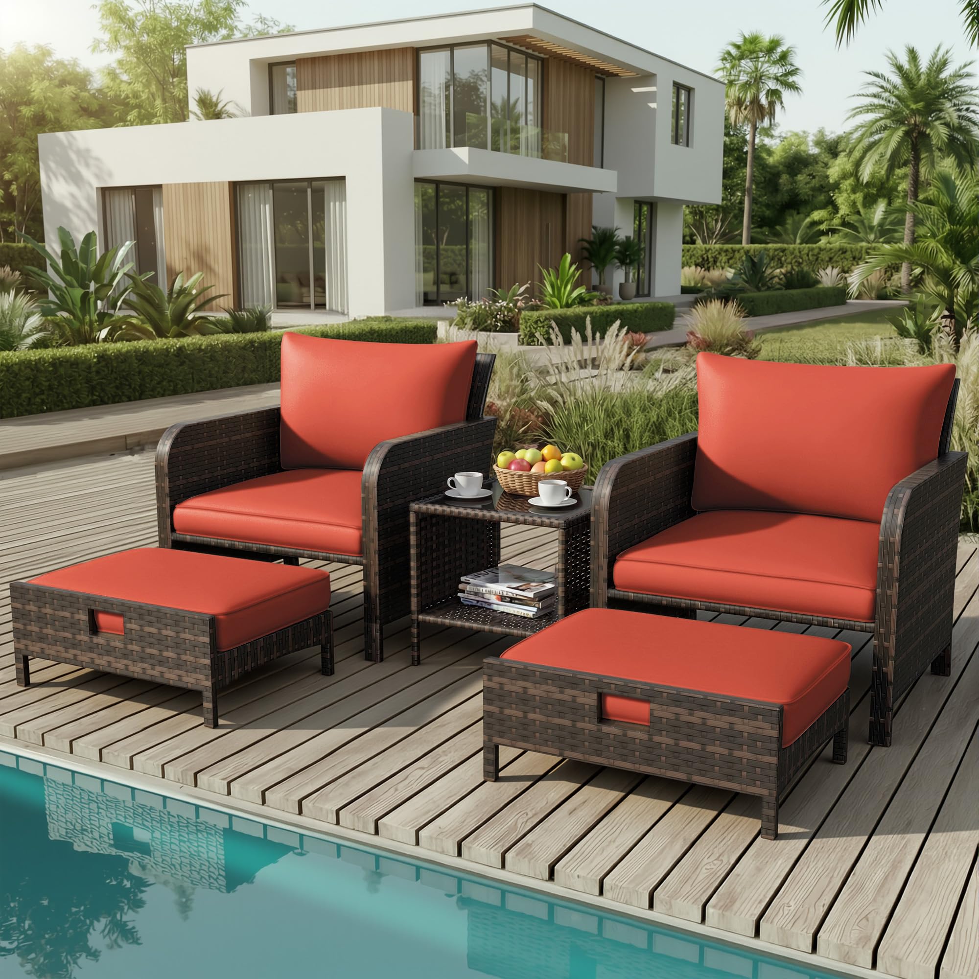 LEVELEVE Patio Conversation Set 5 Piece, Balcony Furniture Outdoor PE Rattan Wicker Lounge Chairs with Soft Cushions, 2 Ottomans & Glass Table for