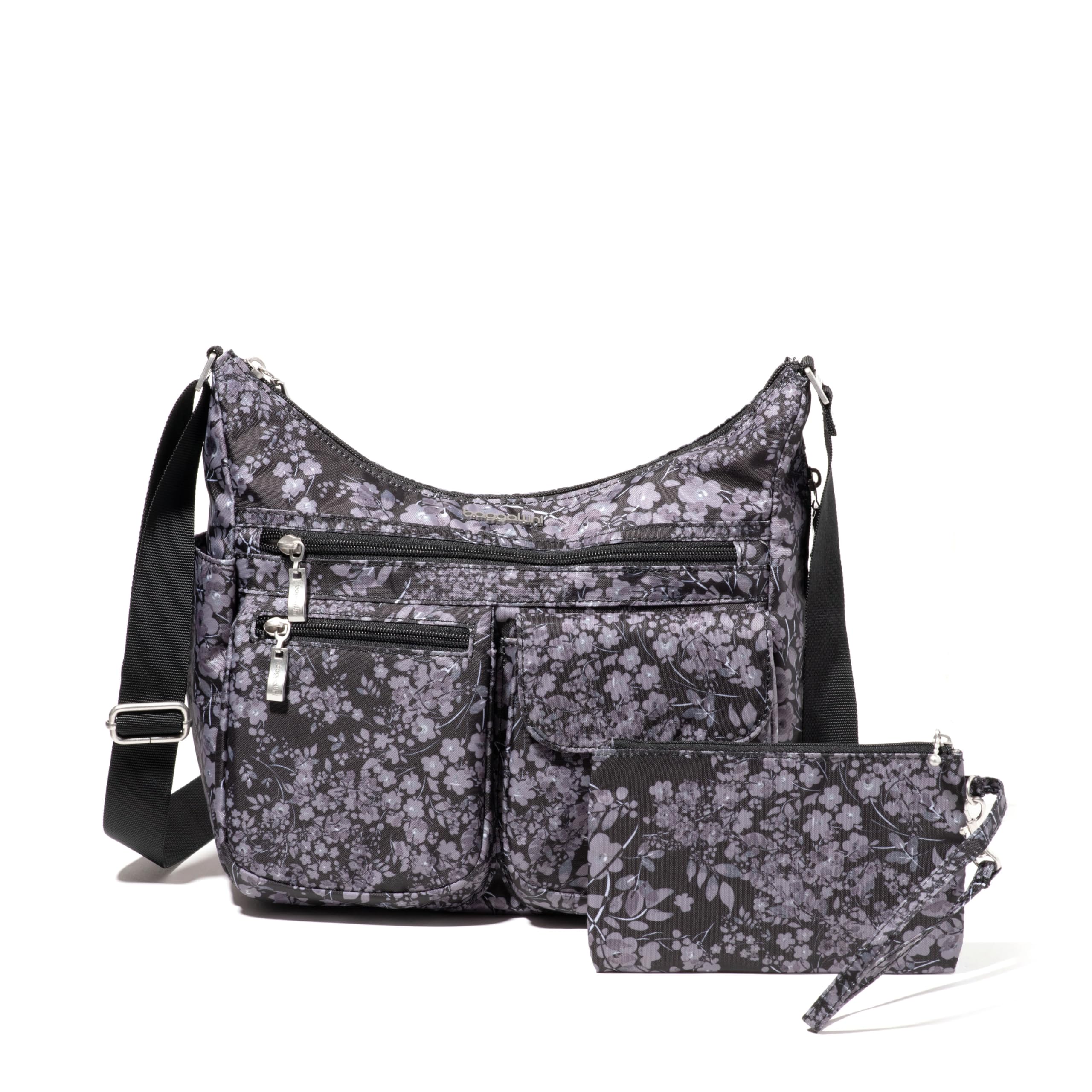 Baggallini Women's Everywhere Bagg Crossbody 11x9 Lightweight Nylon Hobo Water-Resistant Travel Bag W/RFID Protection, Black Hydrangea, One Size US