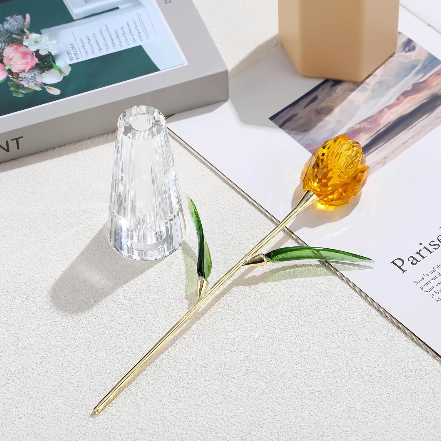 Enjinkail Crystal Yellow Tulip Flower Figurines Gifts Glass Flowers with Vase Home Decor Ideas Tulips Gifts for Mom Women Mother's Day Birthday Christmas Anniversary Wedding Valentines - Image 4