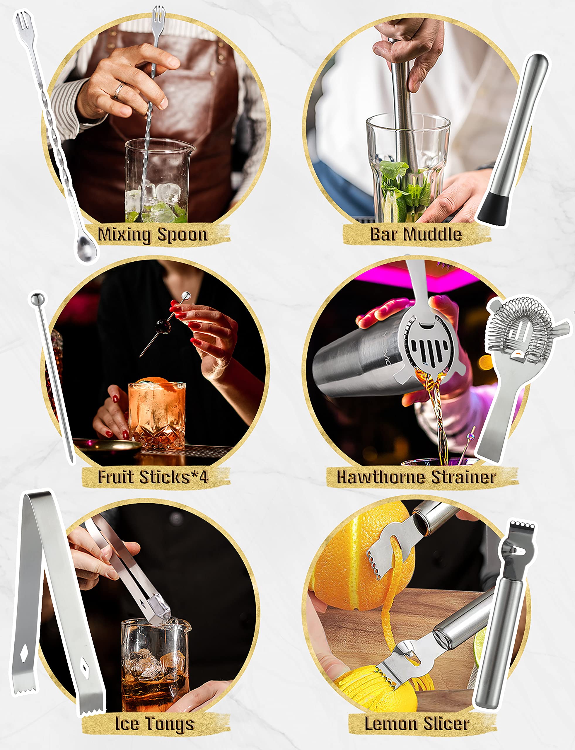 YISSVIC Coctelera para Cócteles 22Pcs Juego de Coctelera 750ml Juego de Herramientas de Barra de Acero Inoxidable Juego de Bartender con Soporte