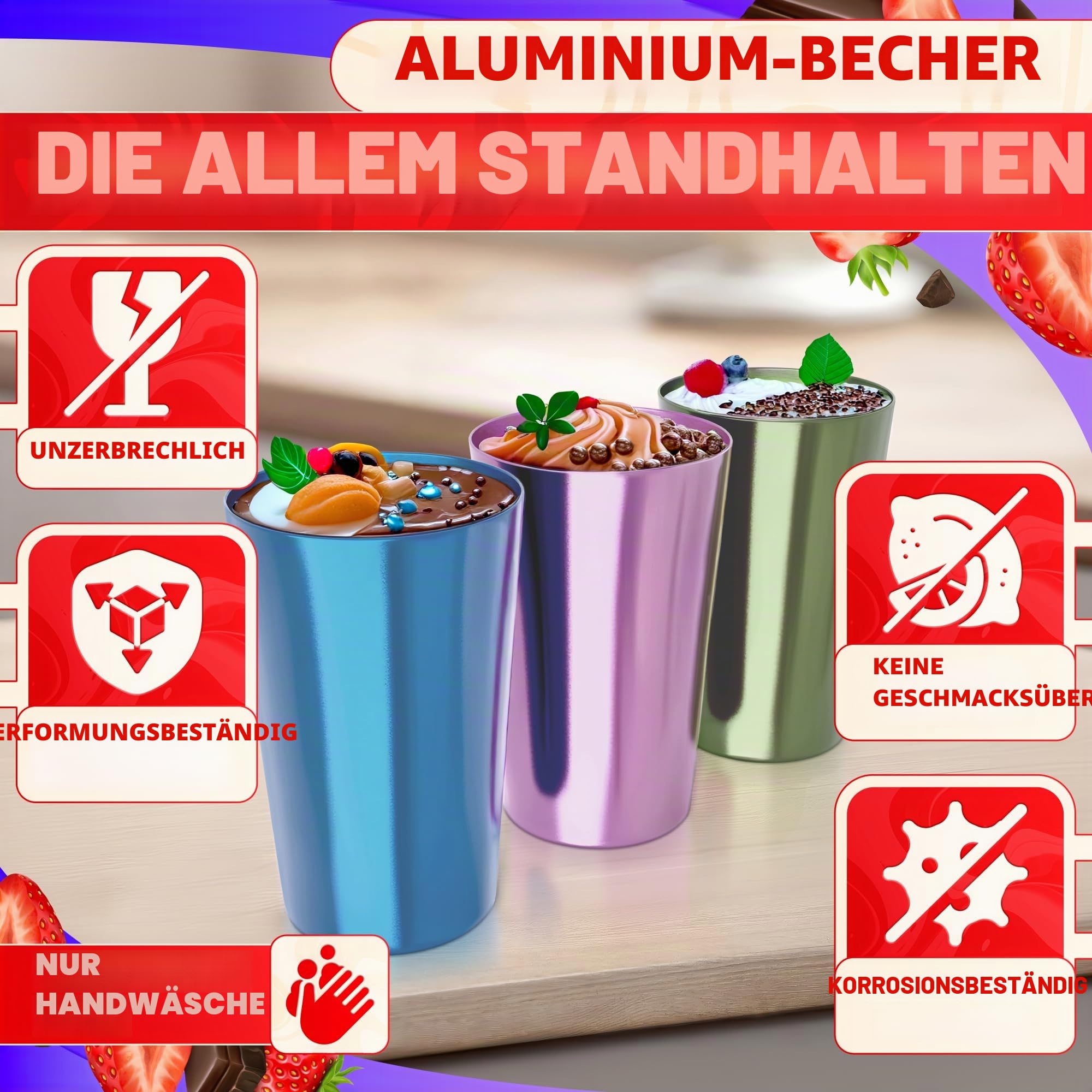 Wiederverwendbare Aluminiumbecher, 425 ml, 6 Stück, Metallbecher zum Trinken, bunte Metallbecher, Trinkgläser, eloxiertes Aluminium, ideal für Partys, Camping, heiße und kalte Getränke, nur Handwäsche