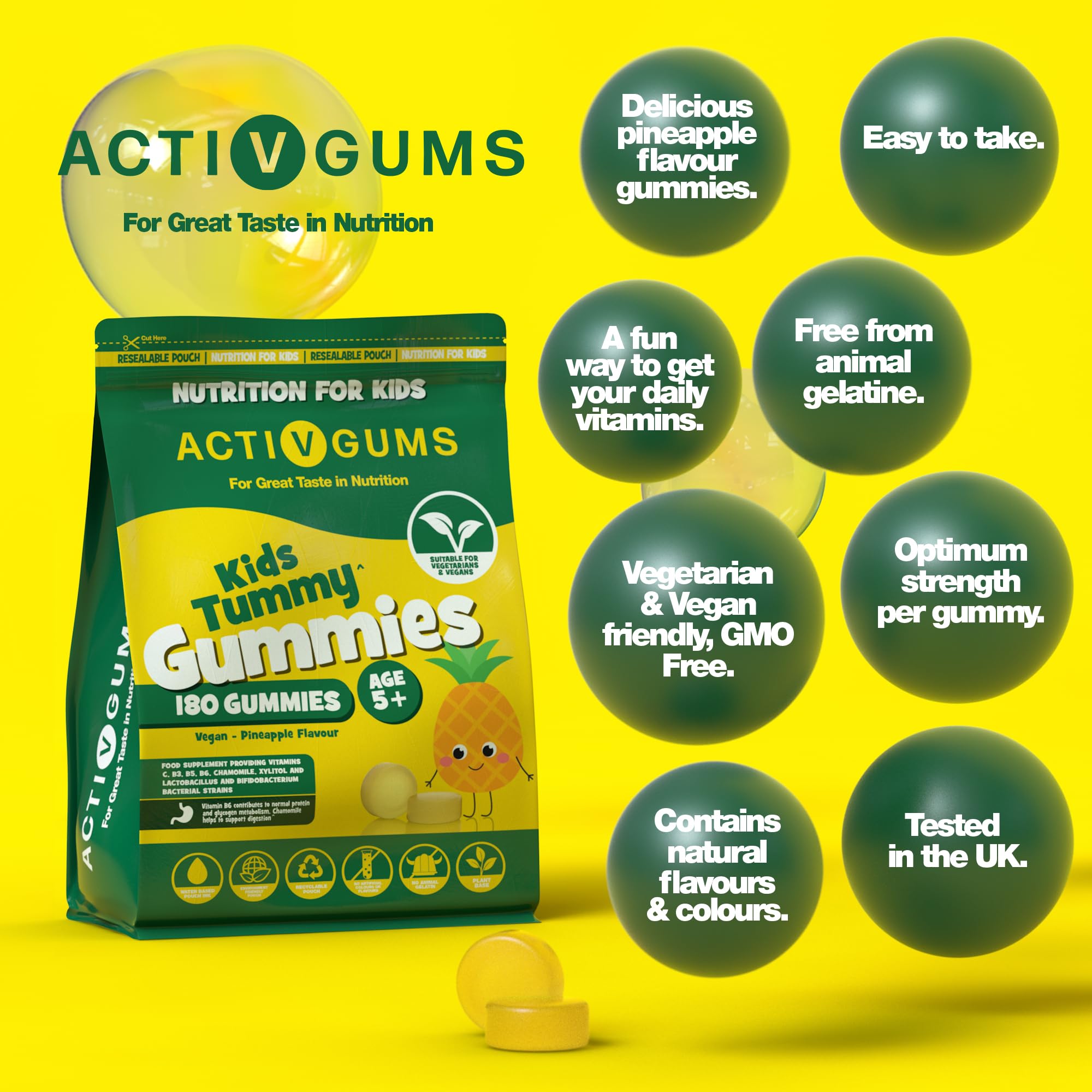 Kids Tummy 180 Vegane Gummis | Zur Unterstützung der Darmgesundheit | Vitamine C, B3, B5, B6, Kamille 1000mg, 1,125 Milliarden CFU Probiotika, Xylitol | Für Kinder ab 5 Jahren | ActivGums®