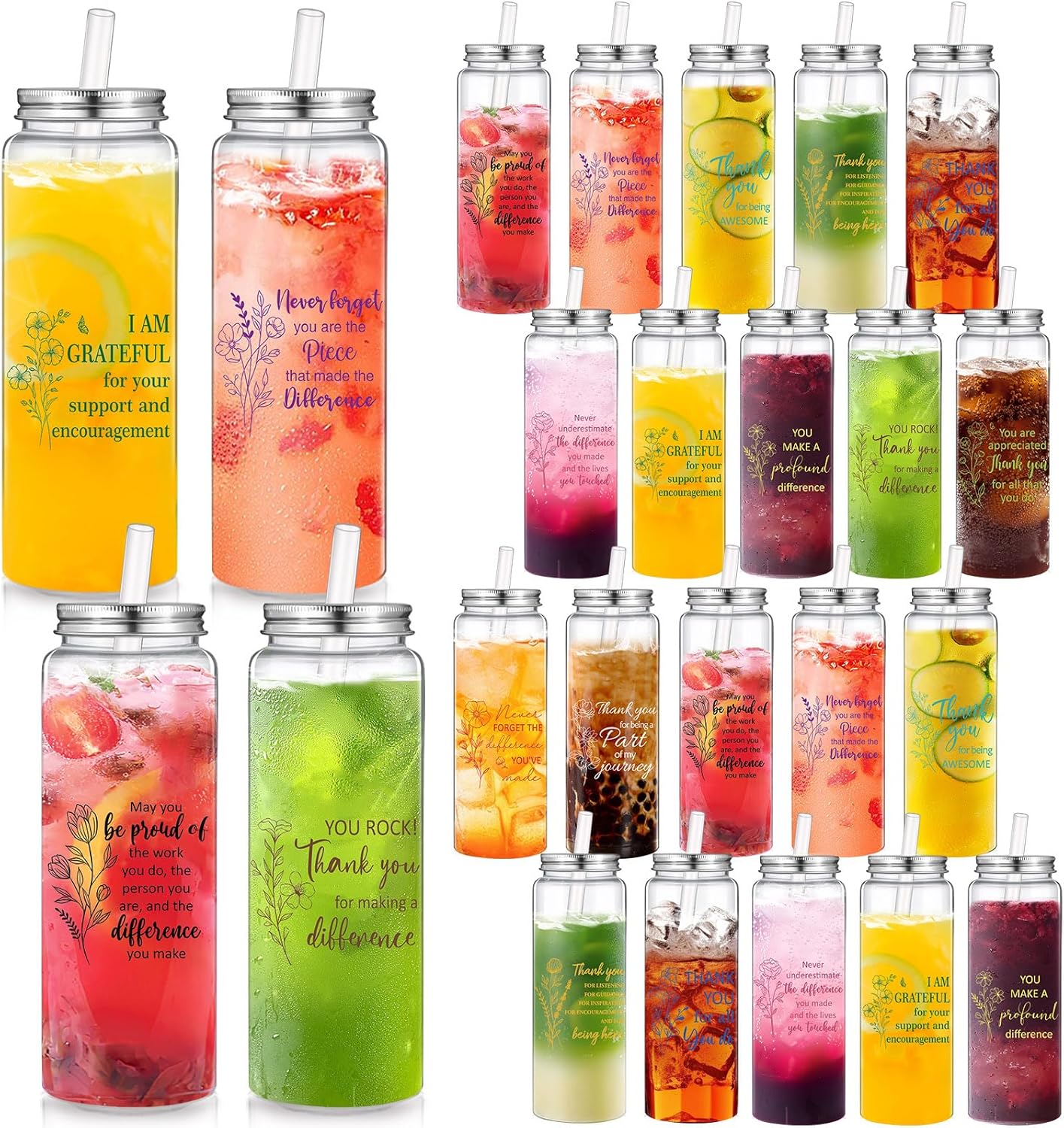 Skylety 24 Pcs Staff Appreciation Gifts Plastic Cups Bulk 17 oz Large Employee Thank You Reusable Cups Team Coworker Inspirational Gifts Acrylic Skinny Tumbler with Lid Straw for Staff Teacher Nurses