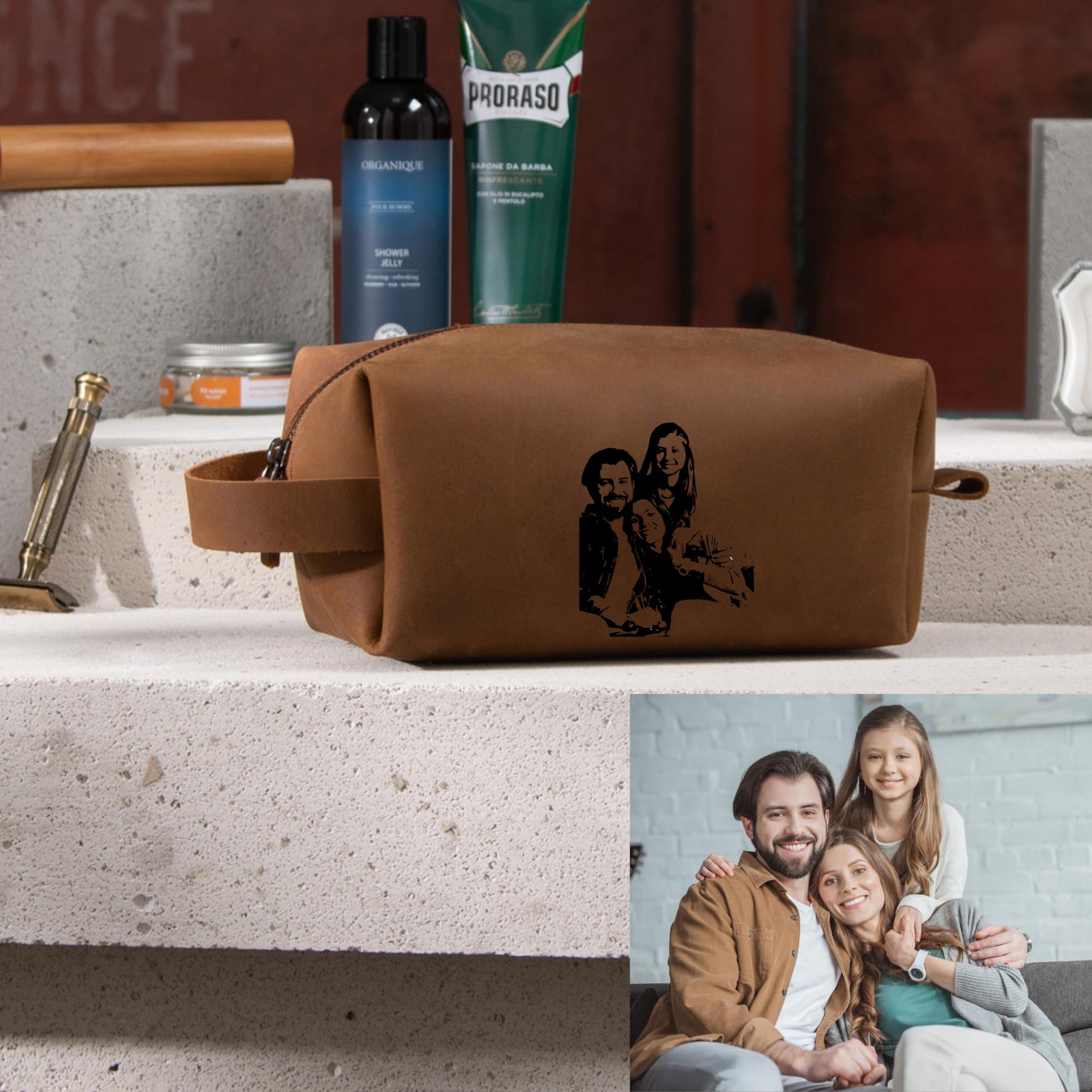 Personalisierbarer Kulturbeutel aus hochwertigem Leder - Handgefertigte Kulturtasche, Leder Dopp Kit für Damen und Herren, Premium Kosmetiktasche für die Reise, personalisierbare Waschtasche-Tobacco