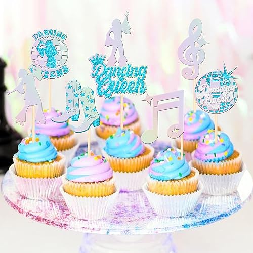 Miniatura 4 de 24 piezas de decoración de cupcakes de reina bailarina con brillantina, bola de discoteca, notas musicales, cantante, baile, cupcakes, temática de