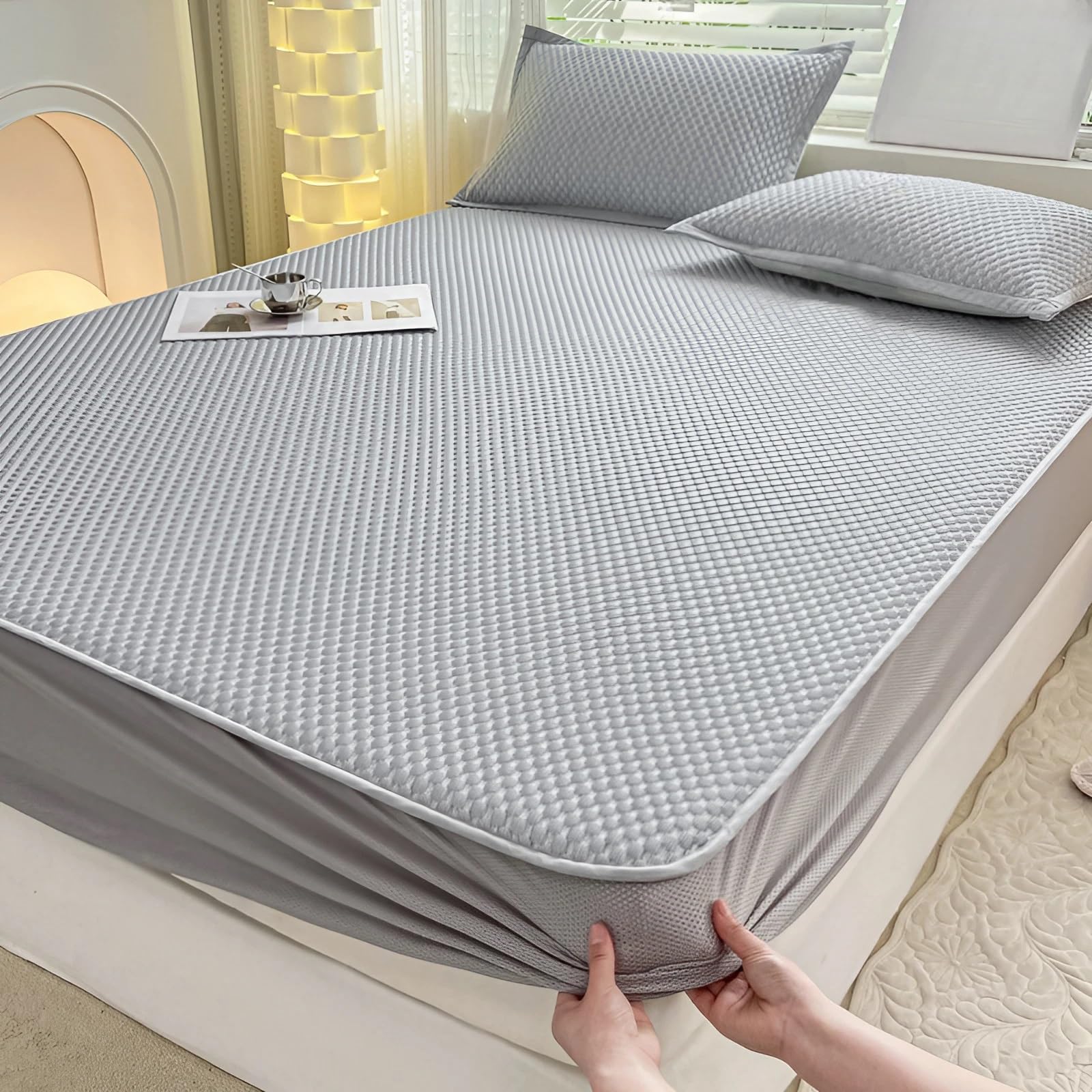 Juego De Sábanas Ajustables para Verano - Sábanas Frías Transpirables y Suaves - Cubrecolchón Refrescante Lavable - Funda Colchón con Funda De Almohada Seda Helada(Gray,200 x 220 cm+2 Pillowcases)