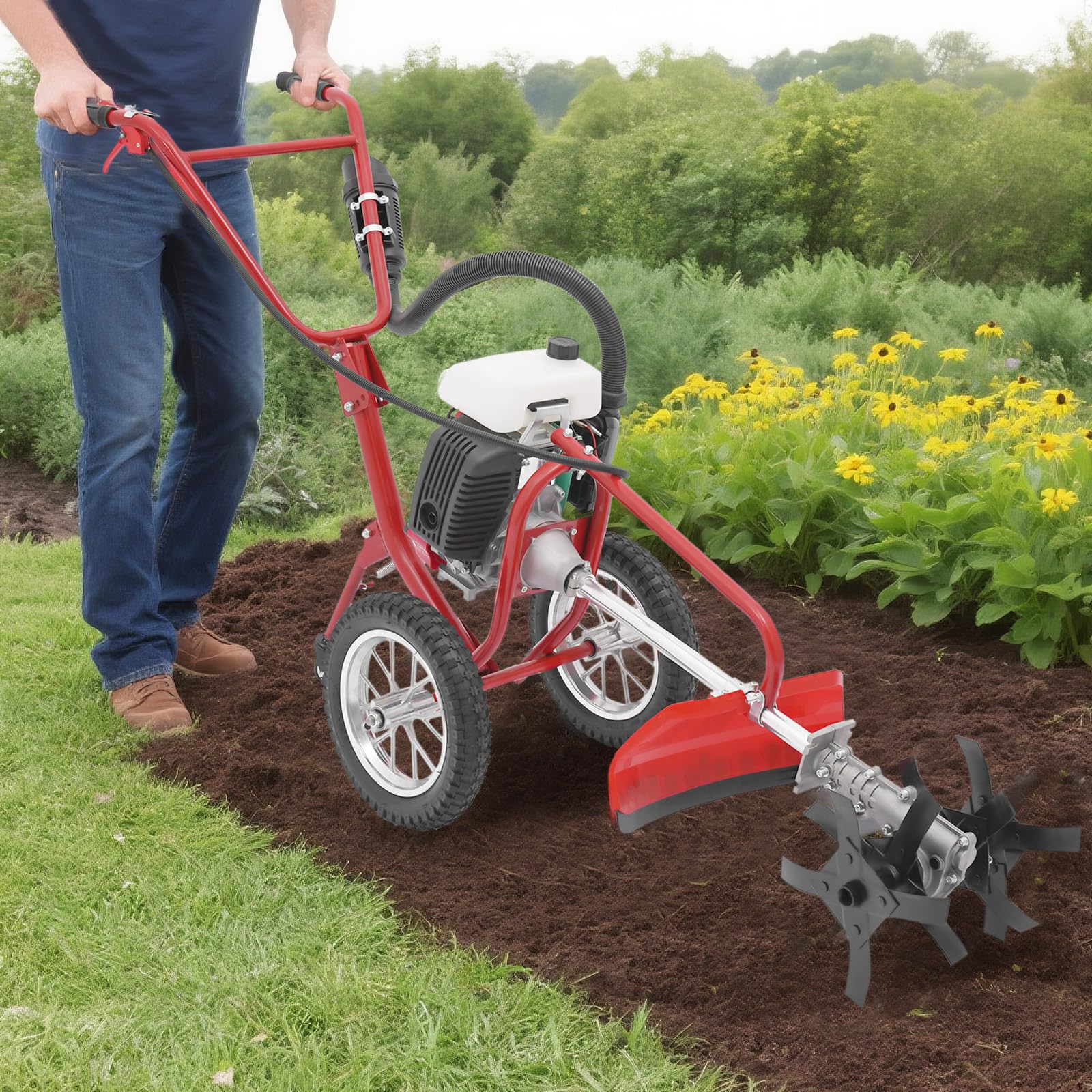 Motoazada de gasolina, minicultivador de gasolina de 63 cm³ con motor de gasolina de 4 tiempos, microcultivador compacto y ligero, con profundidad de cultivo de 10 cm para parques, jardines