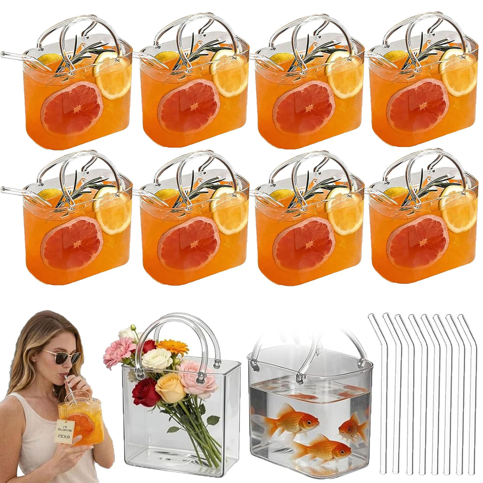 Sac à main en verre unique de 26 oz d'une clarté exceptionnelle avec pailles de dégustation