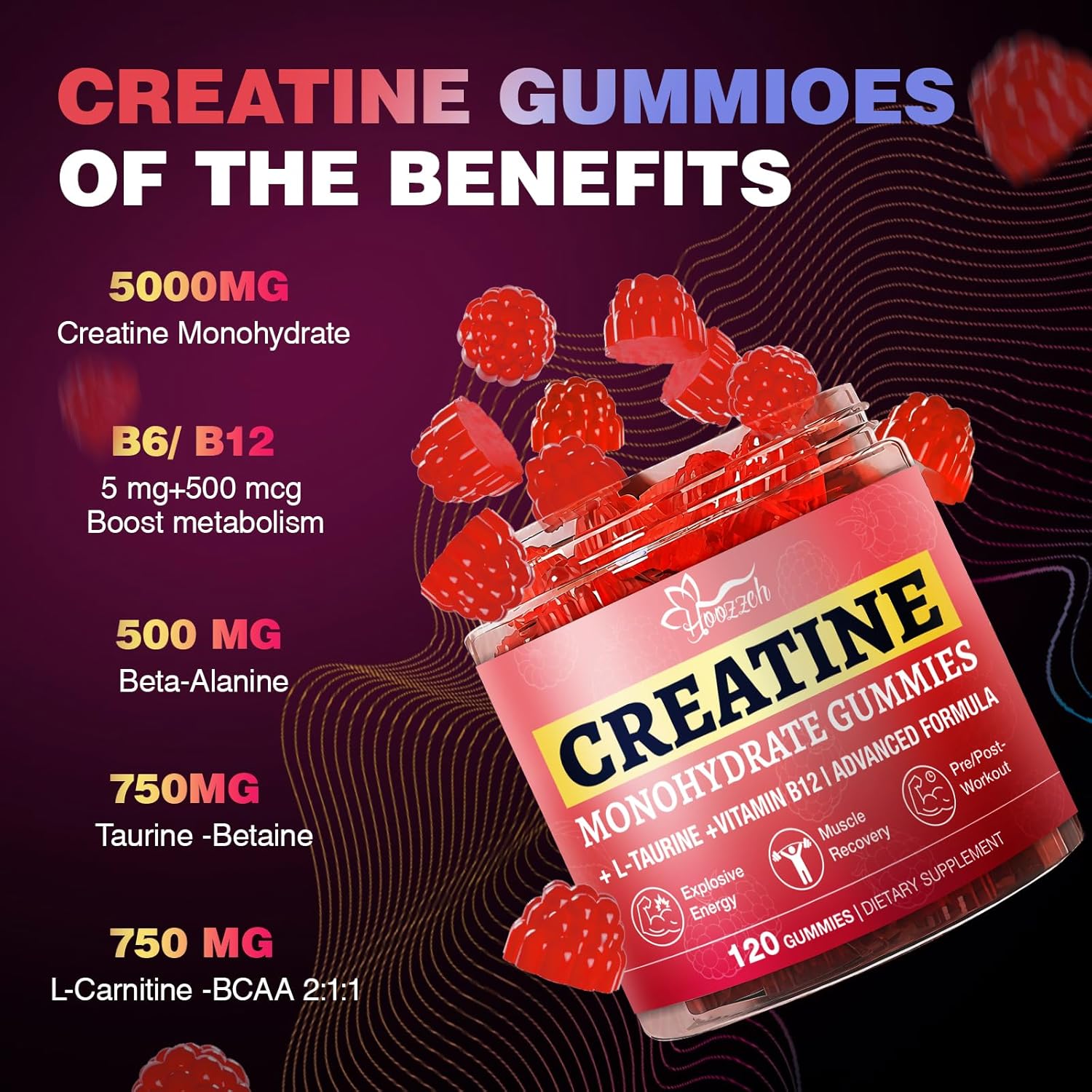 Creatine Gummies for Women & Men Low Sugar Creatine Supplements, Help Build Muscle Creatine Monohydrate Gummies Raspberry Flavor Supports Muscle Growth and Enhances Strength 120 Count - Image 3