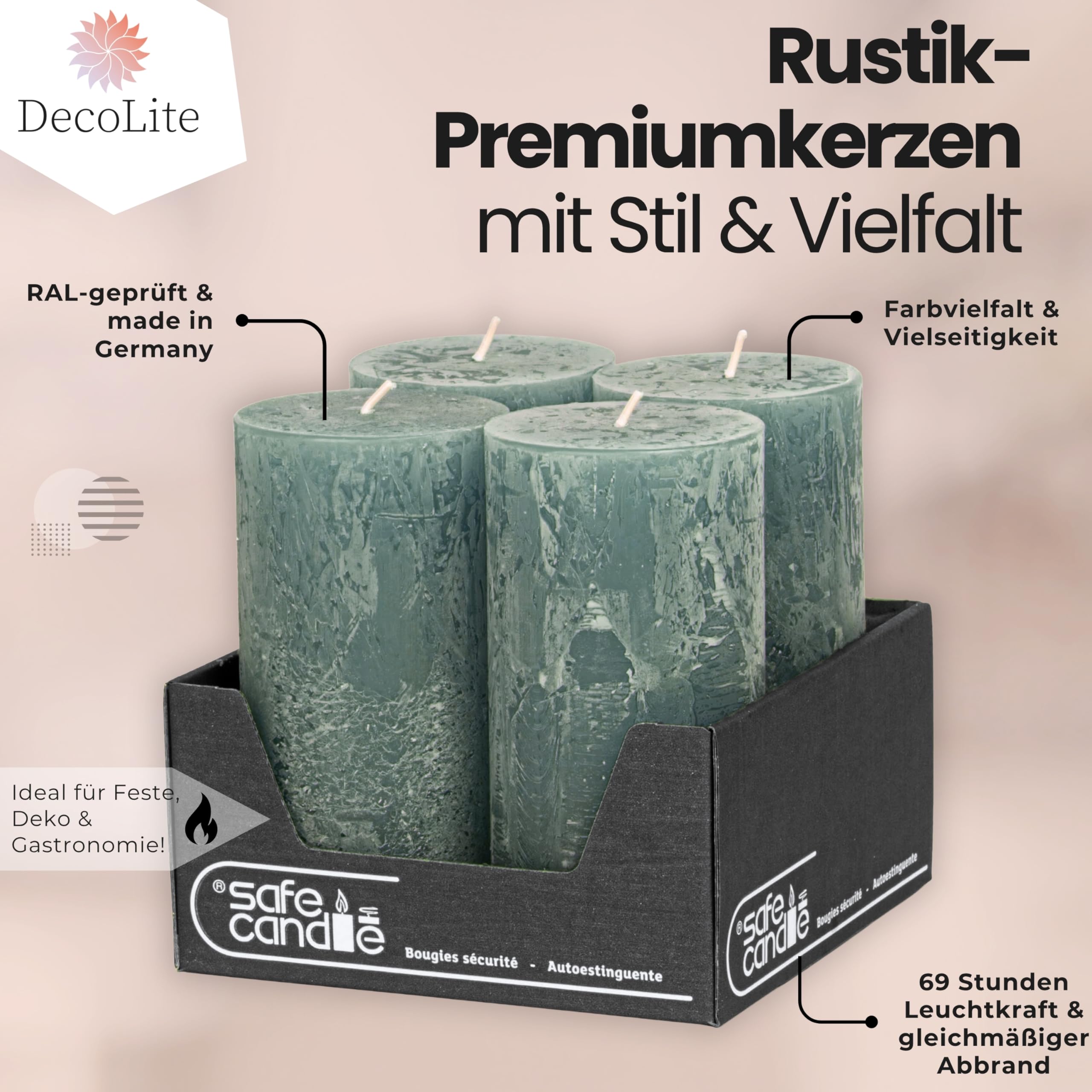 Juego de 4 velas rústicas, 140 x 70 mm, autoextinguibles, con certificado RAL, duración de combustión aprox. 69 h, fabricadas en Alemania, velas decorativas rústicas (salvia)