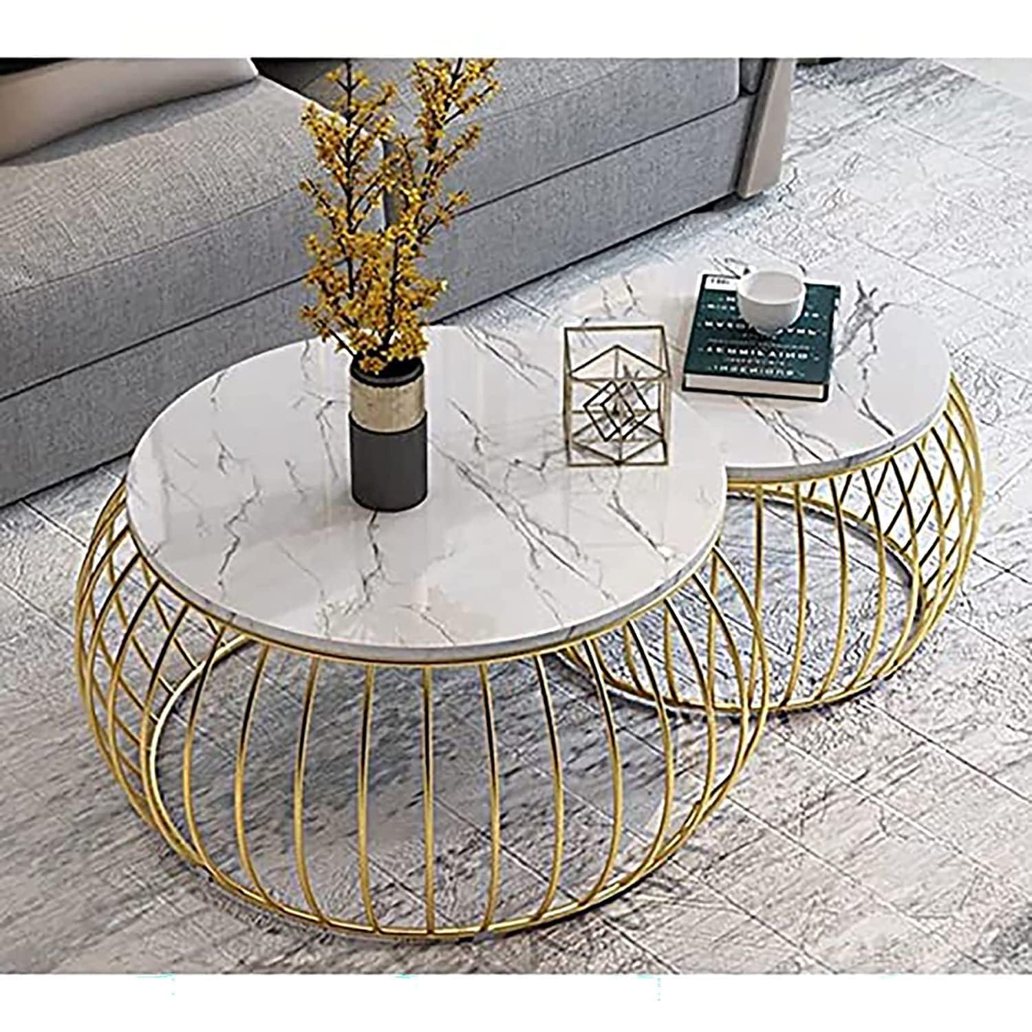 Sponsored Ad - 2 Piece Round Coffee Table Home Decor Tea Table Nesting Stacking Center Table with Water-Proof Laminated Marbled Tabletops for Living Room, Bedroom or Apartments (Gold White)