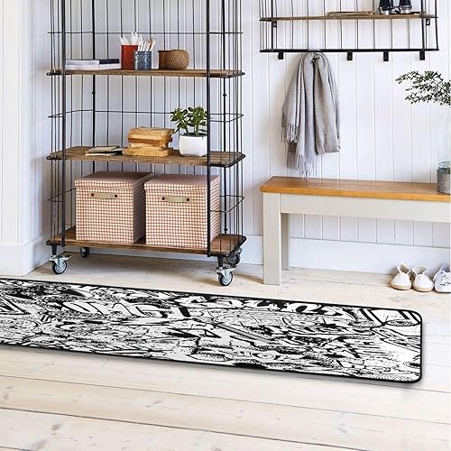 Miniatura 6 de Alfombra de pasillo de graffiti blanco y negro, 24 x 72 pulgadas, ultra suave, antideslizante, lavable, para cocina, baño, entrada y decoración del