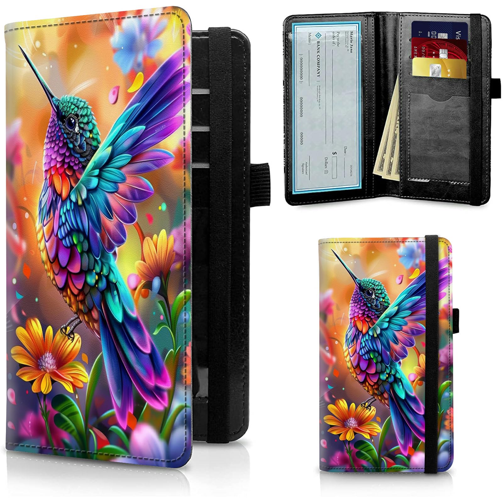 Leather Checkbook Covers for Men Women Check book Holder Cover Wallets for Personal Checkbook Duplicate Checks with RFID Blocking &amp; Elastic Strap-Colorful Hummingbird with Flower
