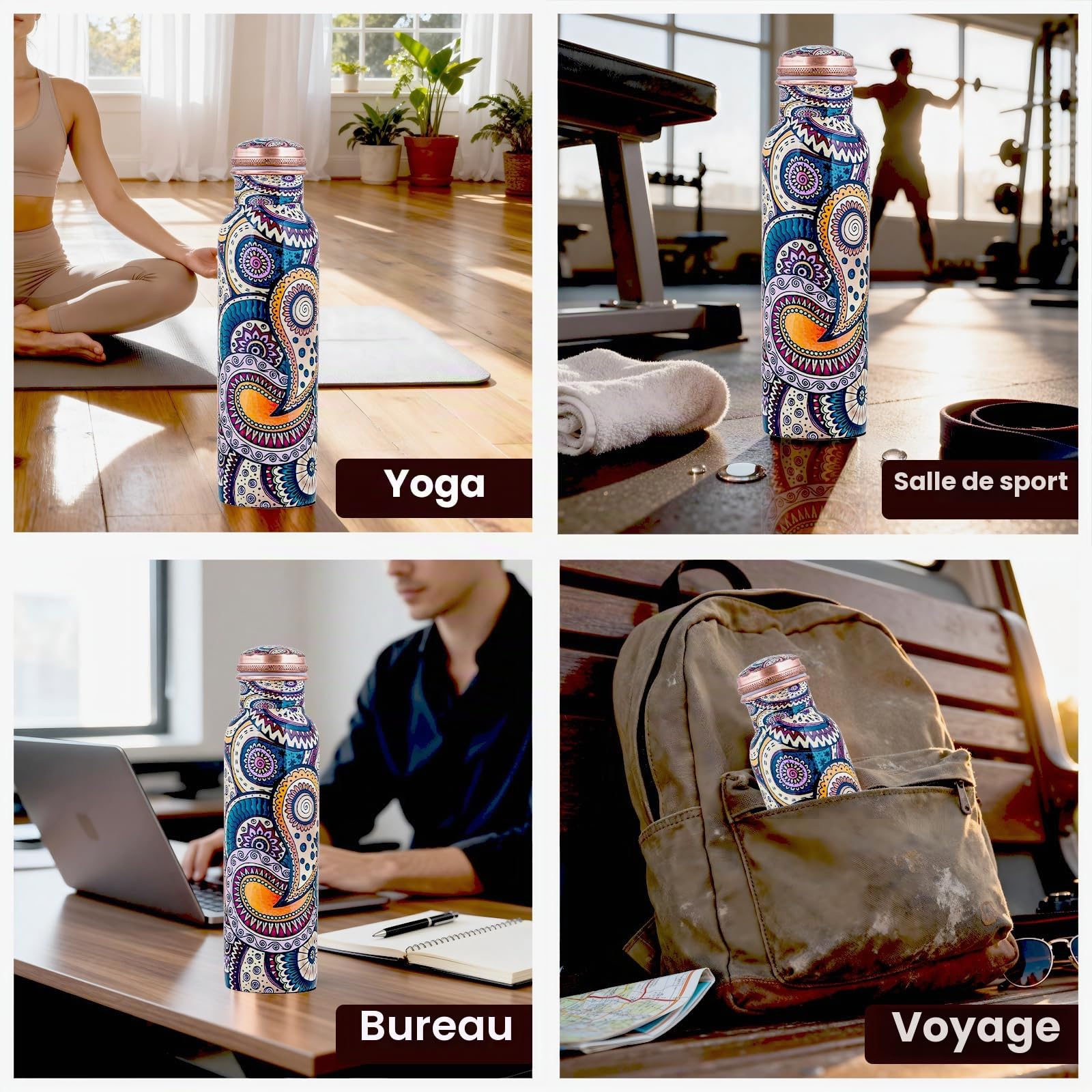 Bouteille en cuivre imprimée couvercle et sac de transport sans BPA anti-fuite renforce l'immunité soutient la digestion inspiré de l'Ayurveda 963,9 g