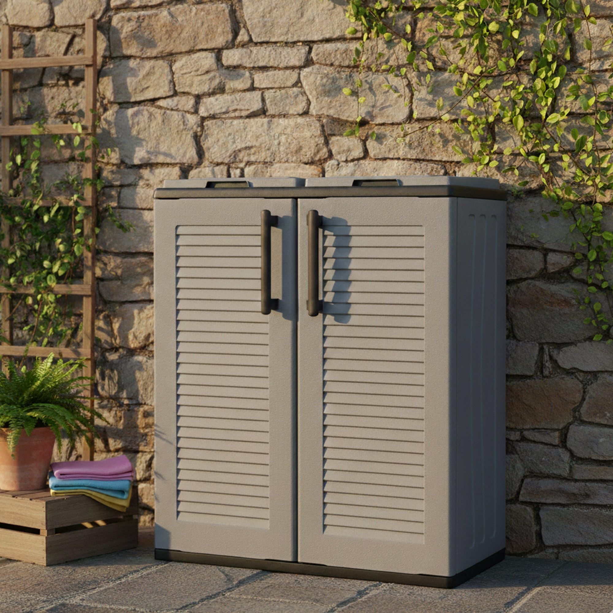 Dmora - Pattumiera Aarschot, Cestino portarifiuti, Bidone per raccolta differenziata 2 ante, 100% Made in Italy, 68x37h84 cm, Grigio e Nero, Finitura righe