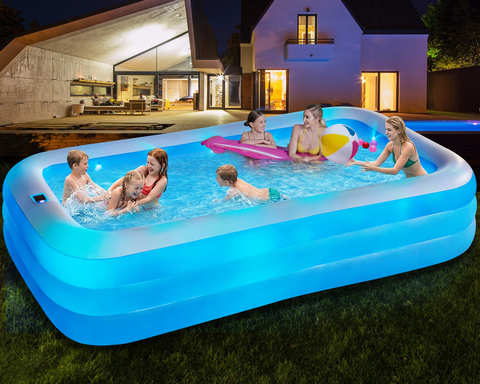 Piscina gonfiabile per adulti e bambini, 330,2 x 182,9 x 55,9 cm, piscina gonfiabile con luci, grande piscina gonfiabile per famiglia, piscina gonfiabile ispessita per cortile esterno