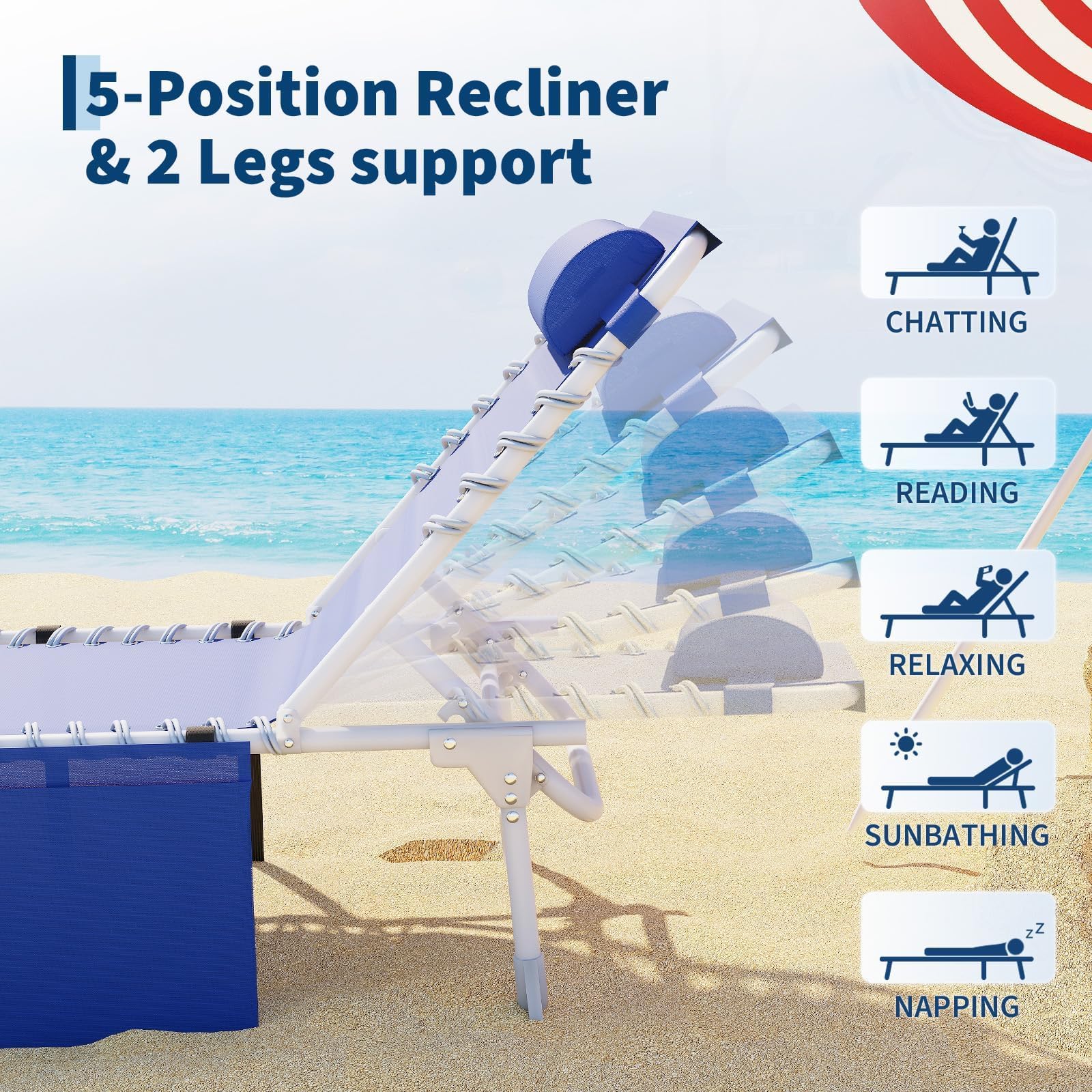 Transat de Plage Pliable avec Trou, Chaise Longue Pliable avec Table Pliante, Bain de Soleil Plage avec Appuie-Tête&Poche pour Jardin, Piscine